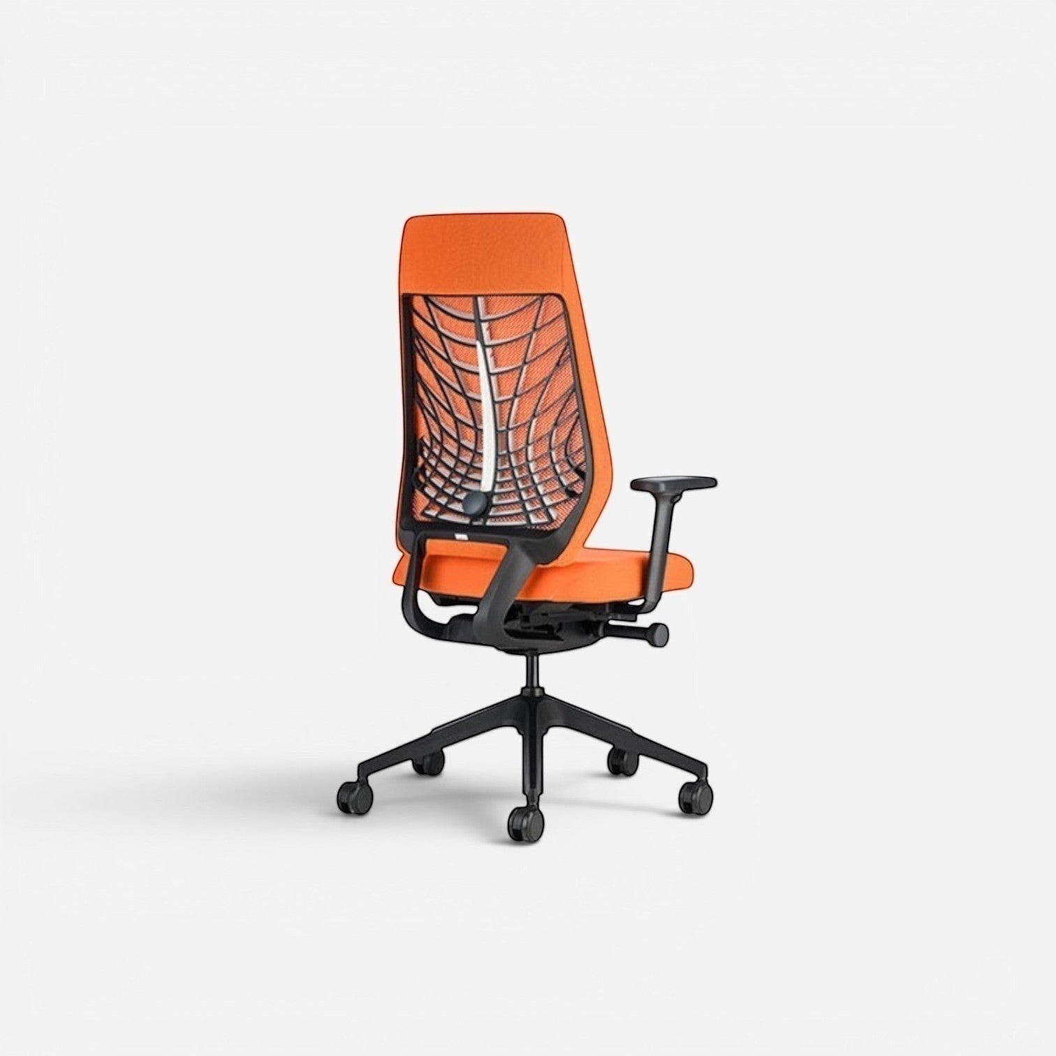 Addo Shop Joyce ergonomic office chair with orange mesh back and seat, black PP base and wheels.