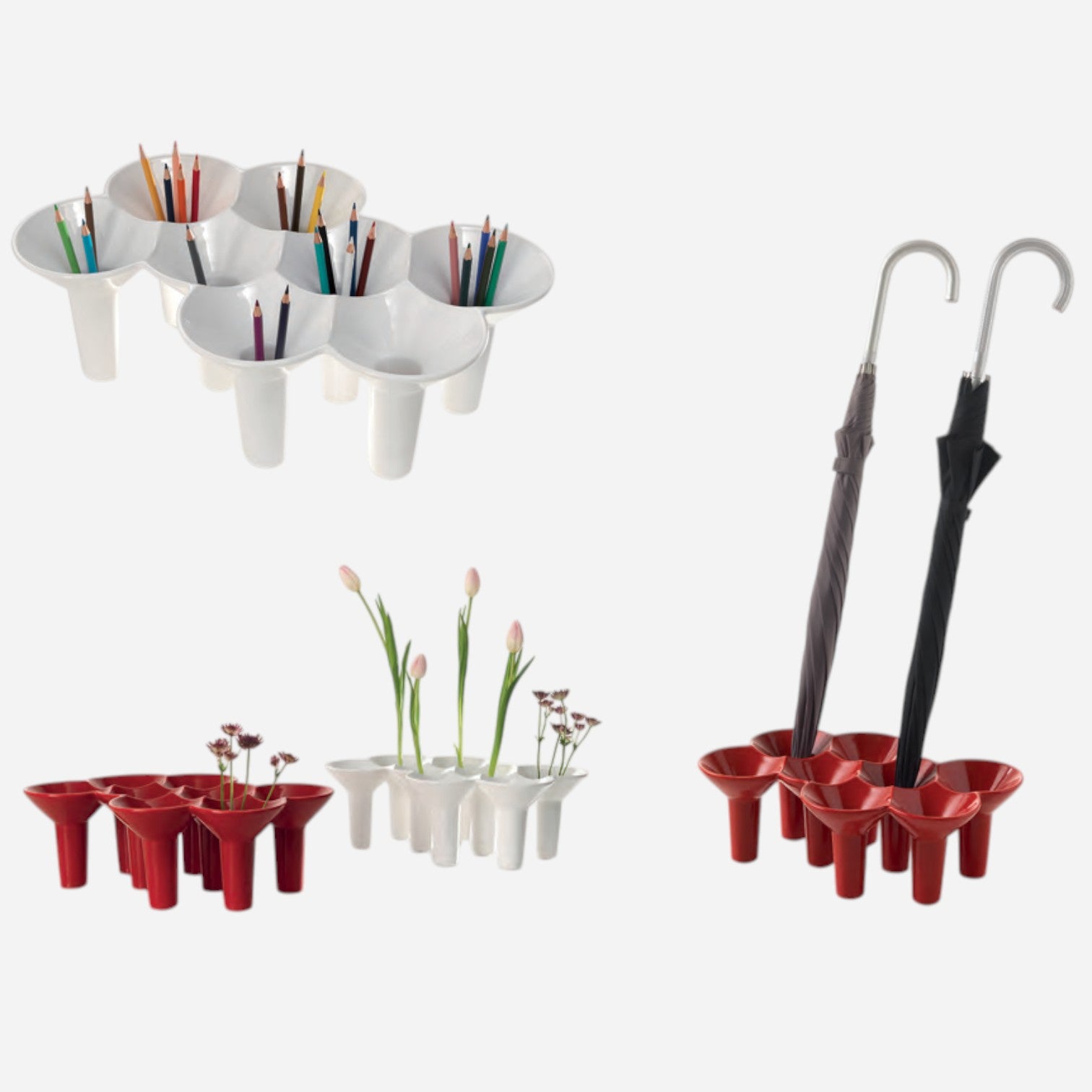 Addo Shop KABO white umbrella stand and organizer holding pencils, red organizer holding flowers, and white organizer holding tulips.