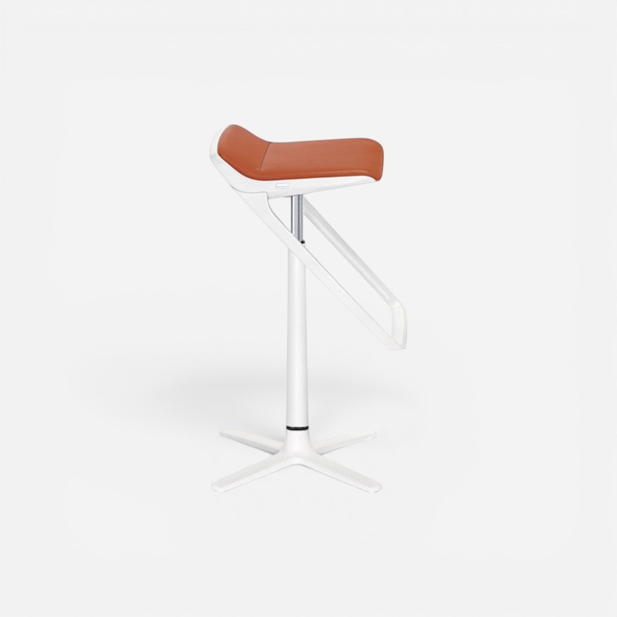 Addo Shop Kinetic bar stool with adjustable height and footrest, featuring a brown leather seat and white base.