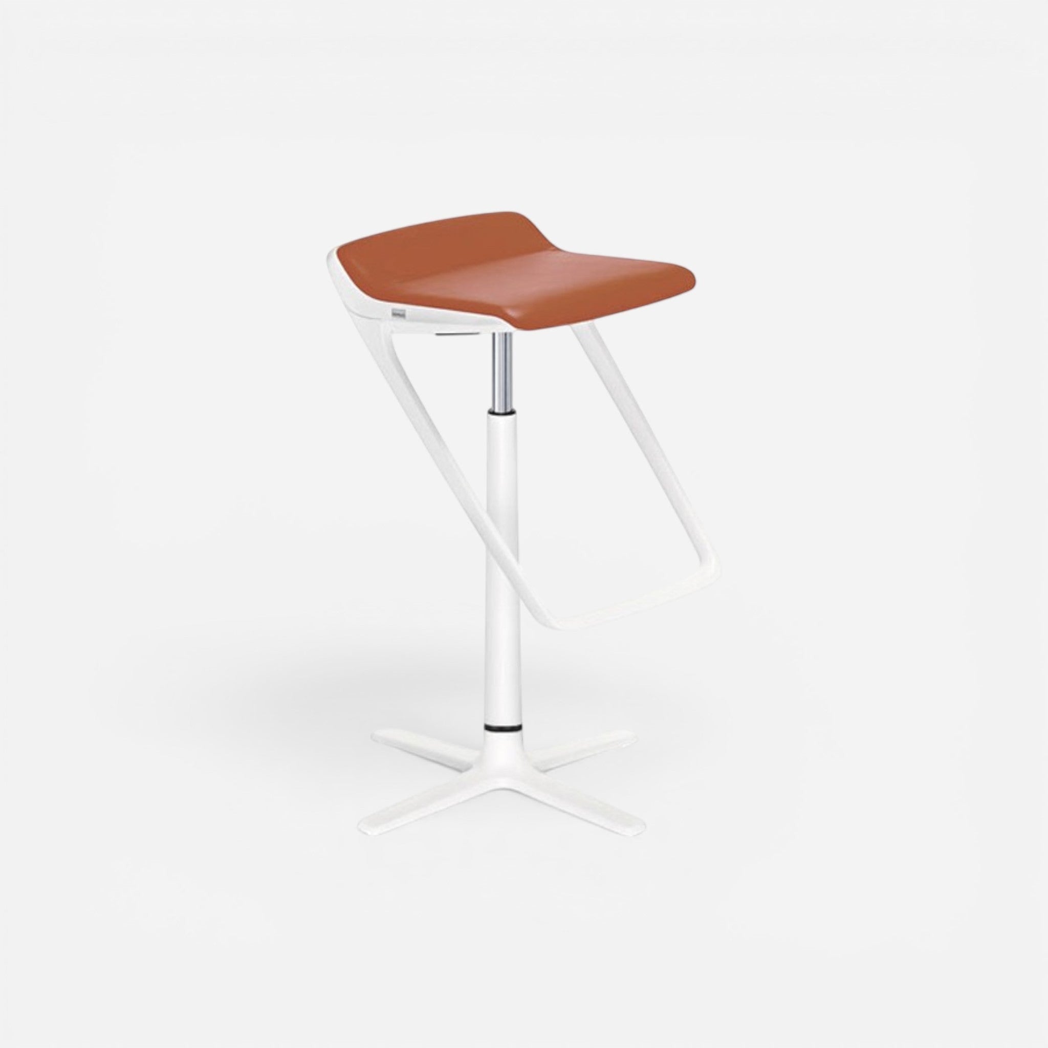Addo Shop Kinetic bar stool with adjustable height, brown leather seat, white frame, and footrest.
