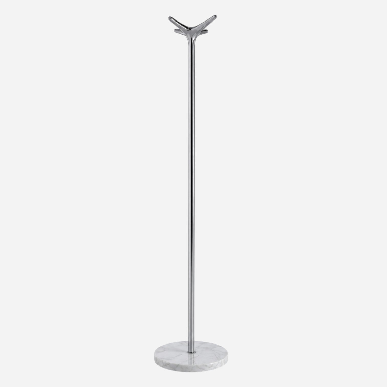 Addo Shop Leda Coat Stand, chrome pole with white marble base and unique Y-shaped hanger.