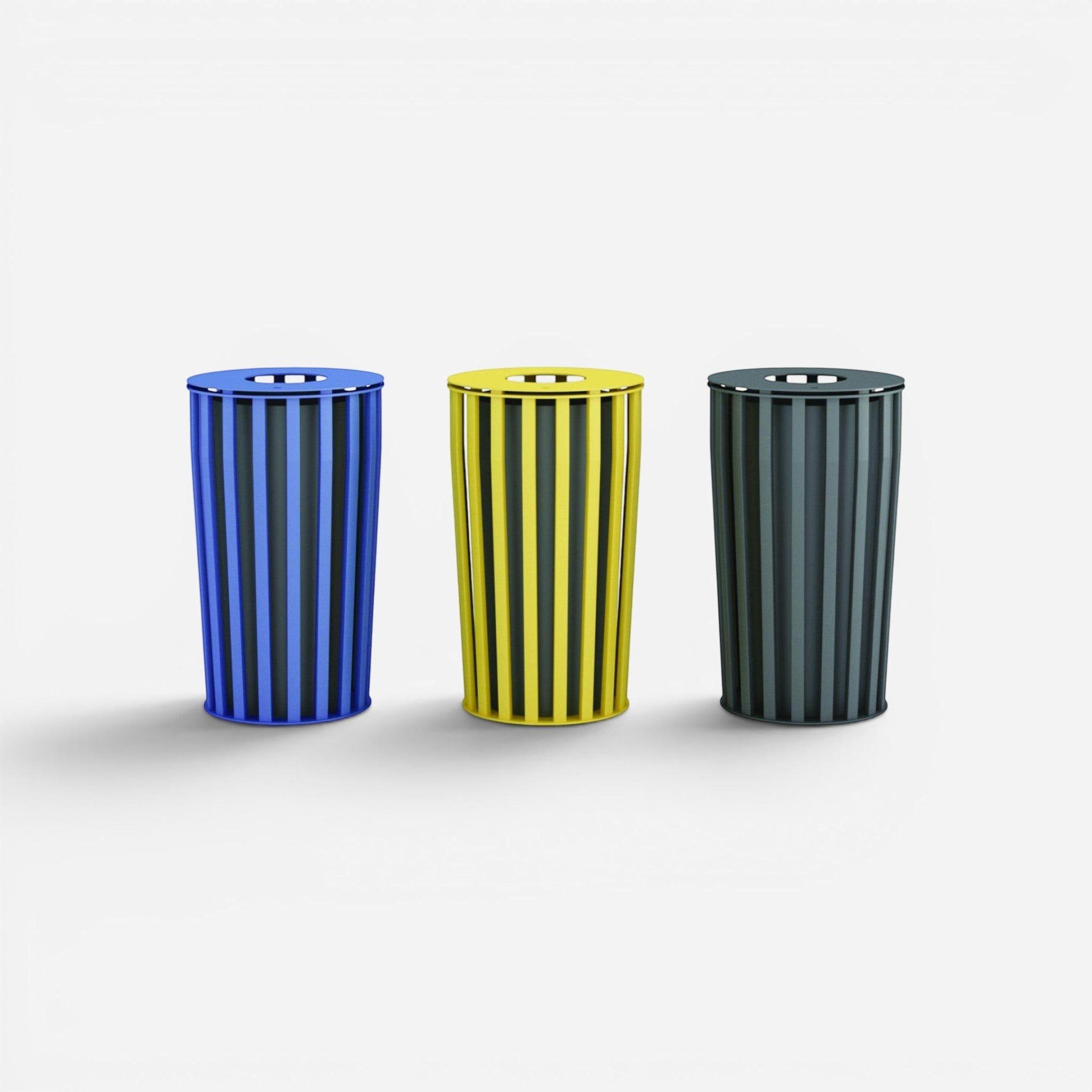 Addo Shop .026 LITTER BIN waste bin in blue, yellow, and dark grey. Made of steel for outdoor use.