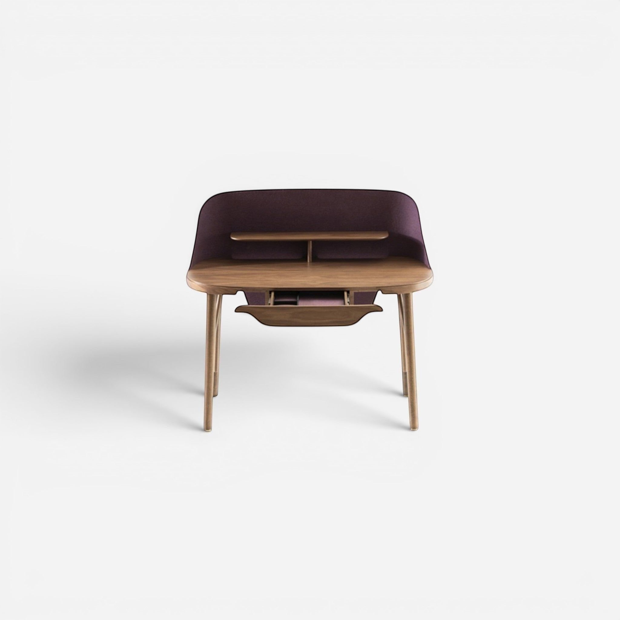 Addo Shop Lunedi desk with natural wood finish, purple fabric back, and open drawer. Modern design.