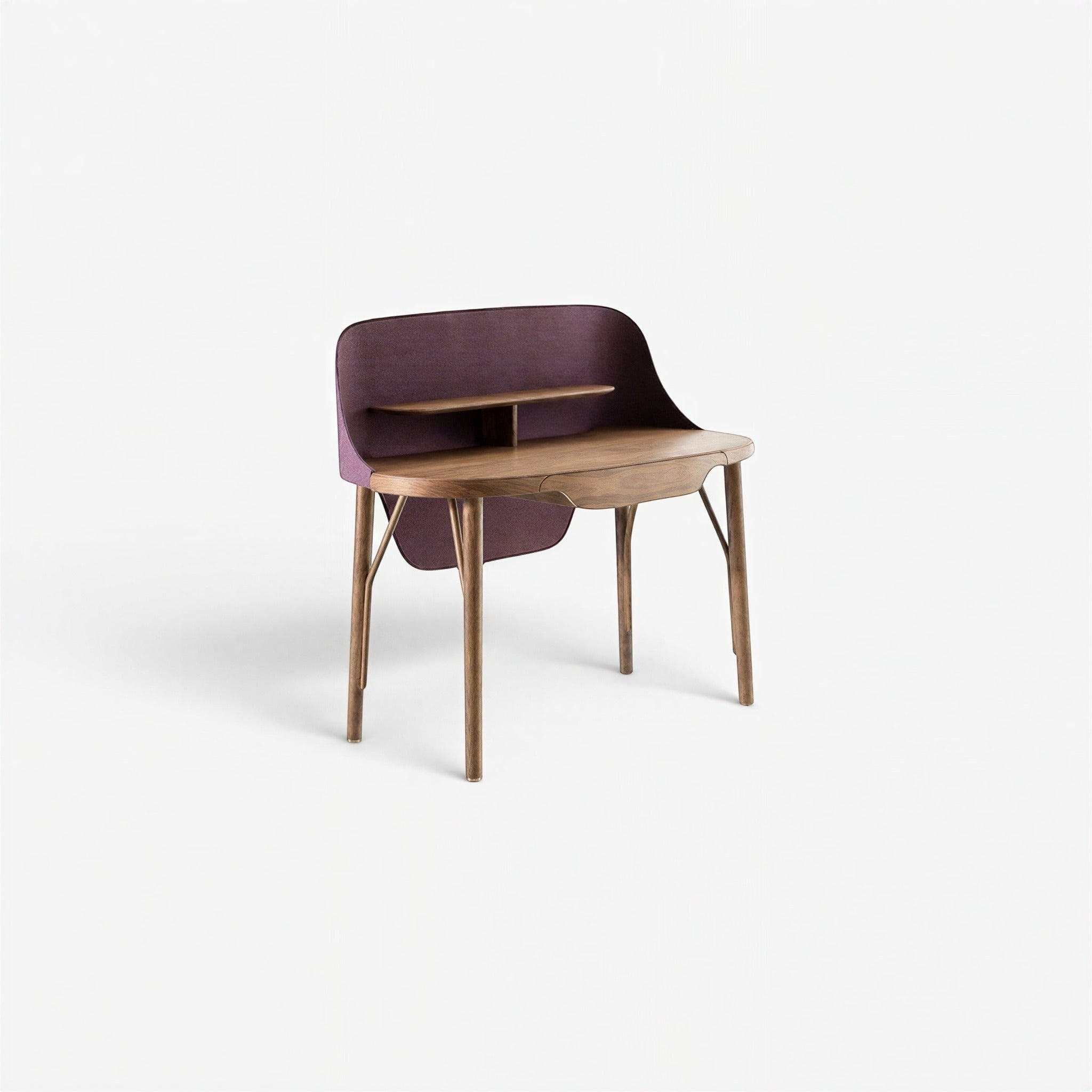 Addo Shop Lunedi desk with natural wood finish, purple felt backing, and a small shelf.