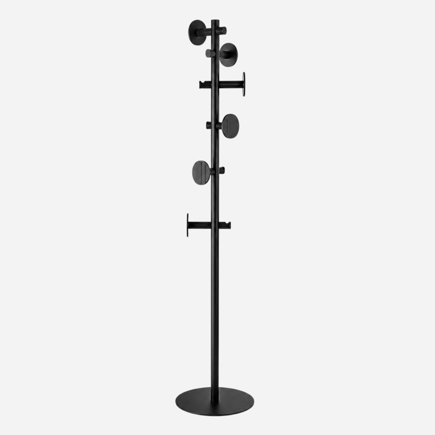 Addo Shop Luthea black metal coat stand with multiple hooks and a round base.