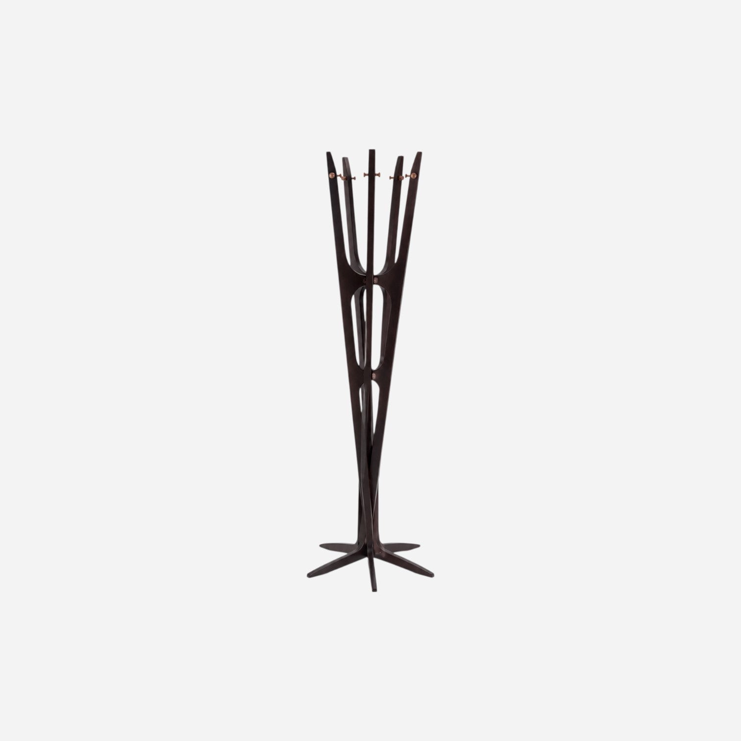 Addo Shop Maestrale dark wood coat stand with sculptural design and copper hooks.