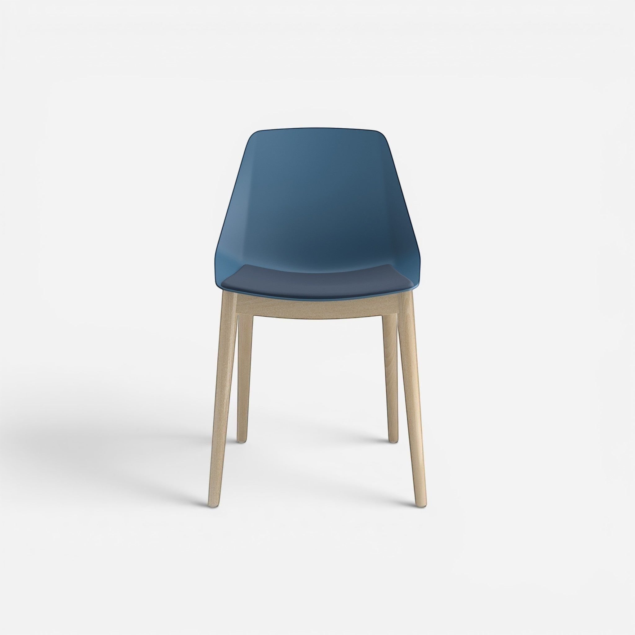Addo Shop Marvin cafe chair with blue plastic seat and back, and light wood legs.