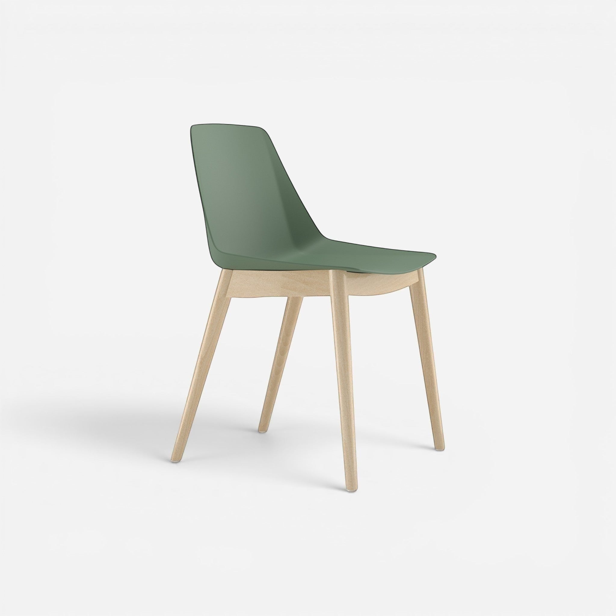 Addo Shop Marvin dining chair with sage green plastic seat and light wood legs.