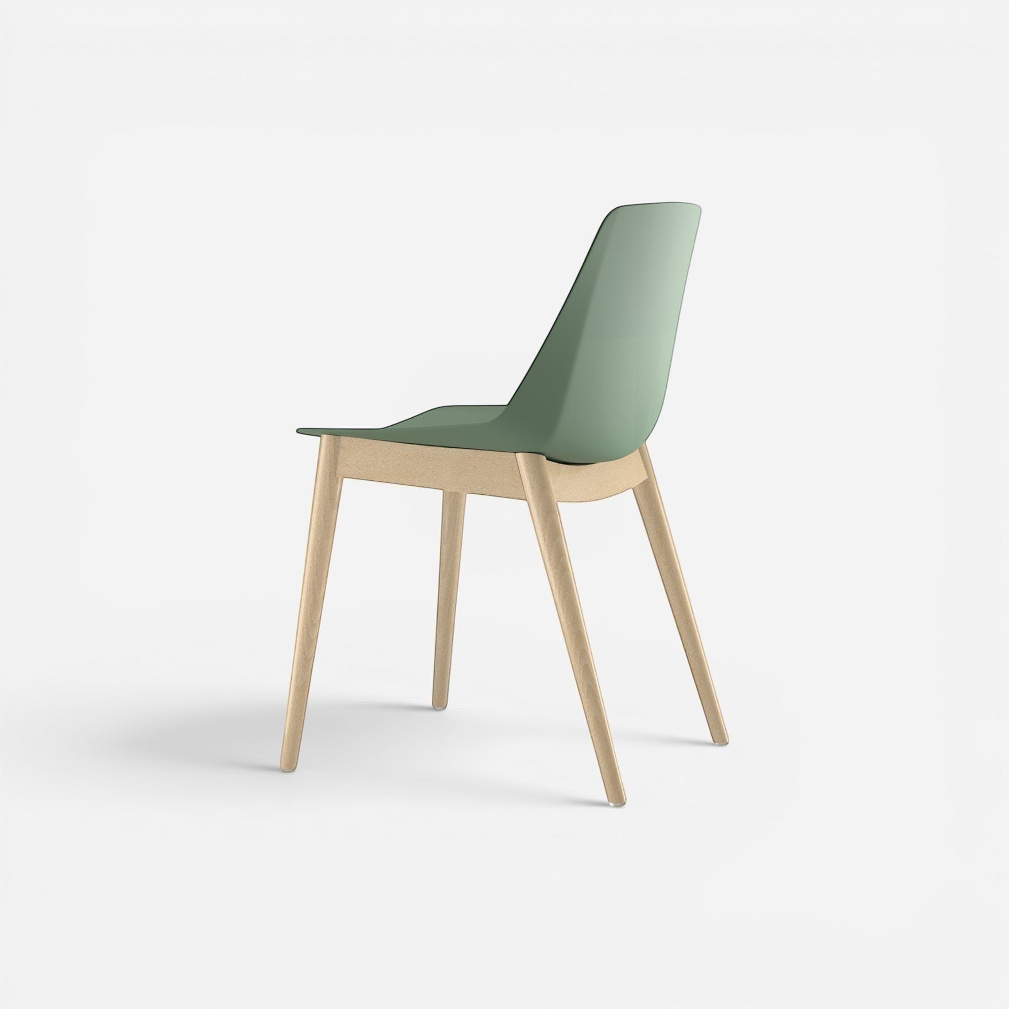 Addo Shop Marvin chair with sage green plastic seat and back, natural wood legs. Modern cafe style.