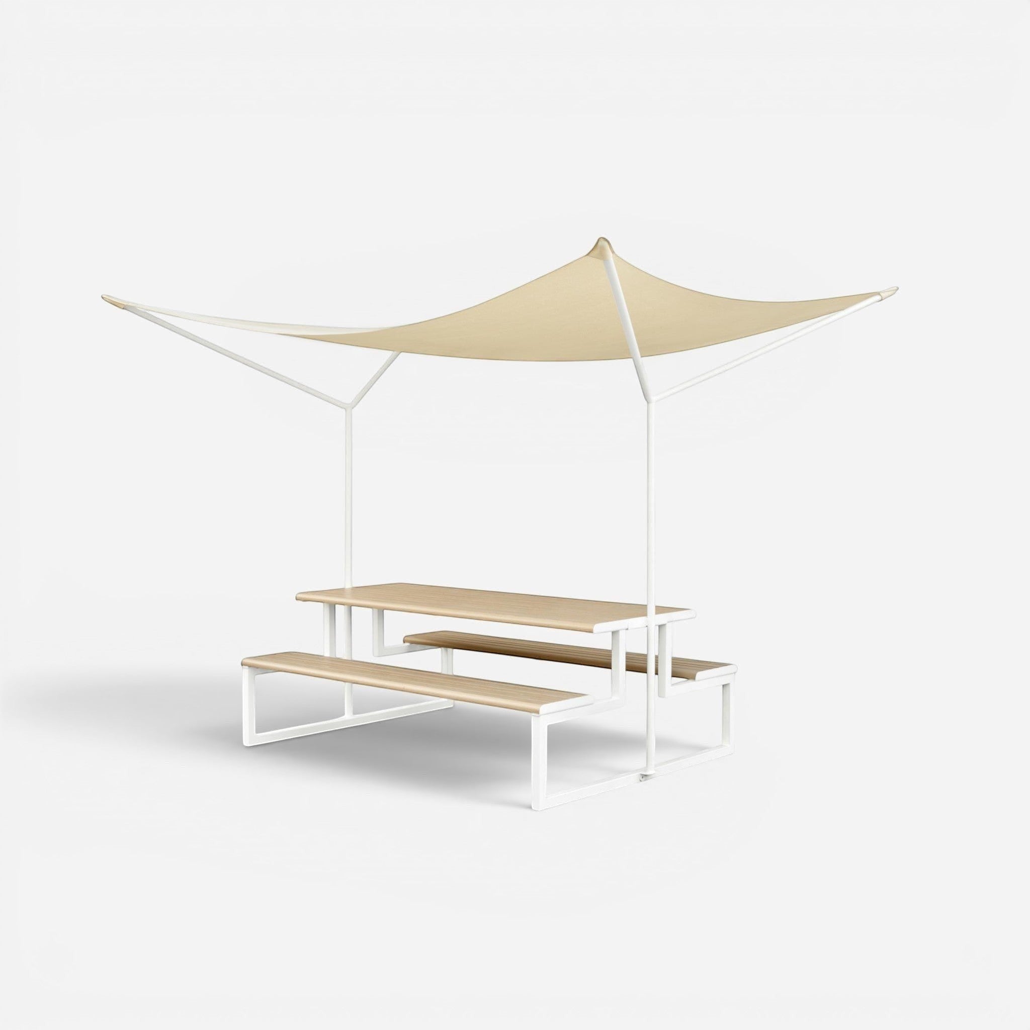 Addo Shop MIAMI Design picnic table with benches and beige sun shade, made of steel and wood.