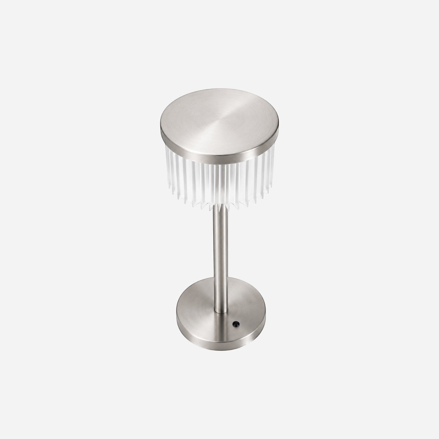 Addo Shop modern brushed nickel table lamp with fluted clear acrylic shade and circular base.