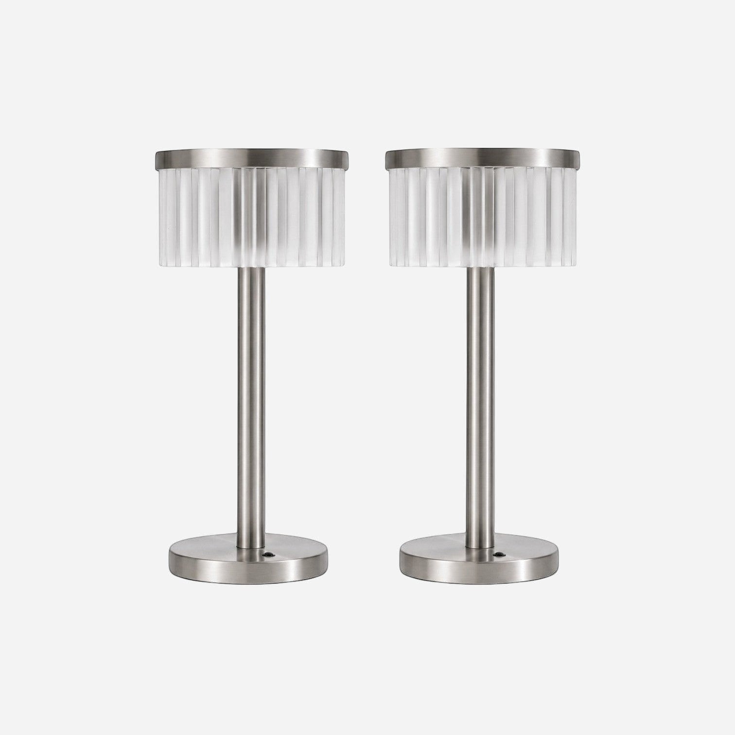 Addo Shop set of two modern table lamps with brushed nickel finish and fluted clear acrylic shades.
