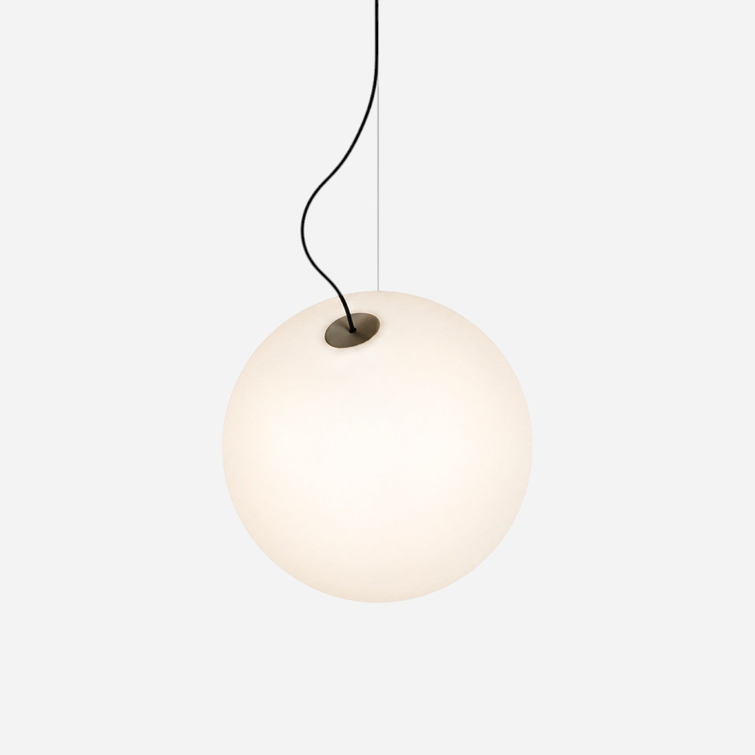 Addo Shop OPERA pendant light, a frosted white glass sphere with a black cord and a dark metal accent.