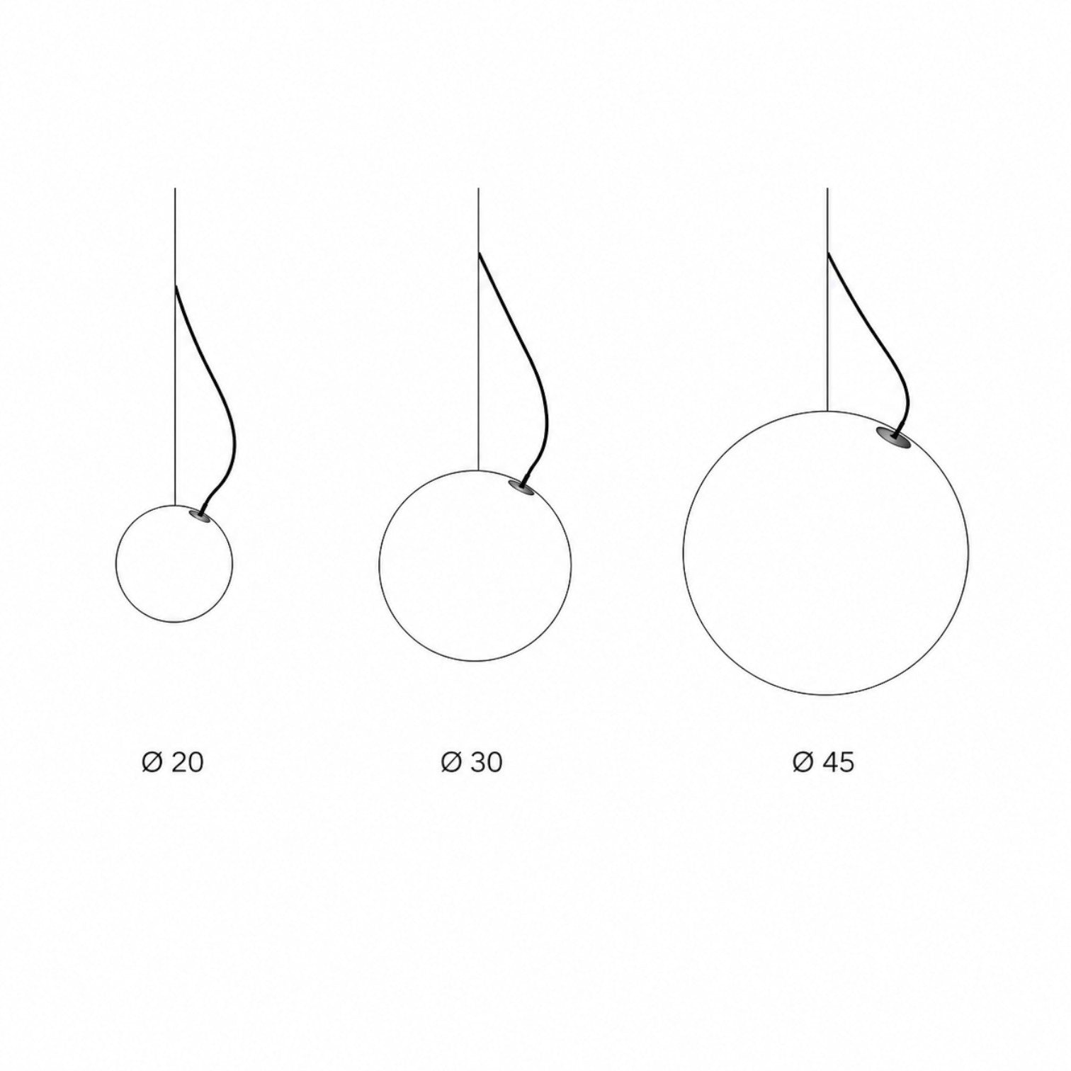 Addo Shop OPERA Pendant Light in three sizes: 20cm, 30cm, and 45cm diameter. Minimalist spherical design.