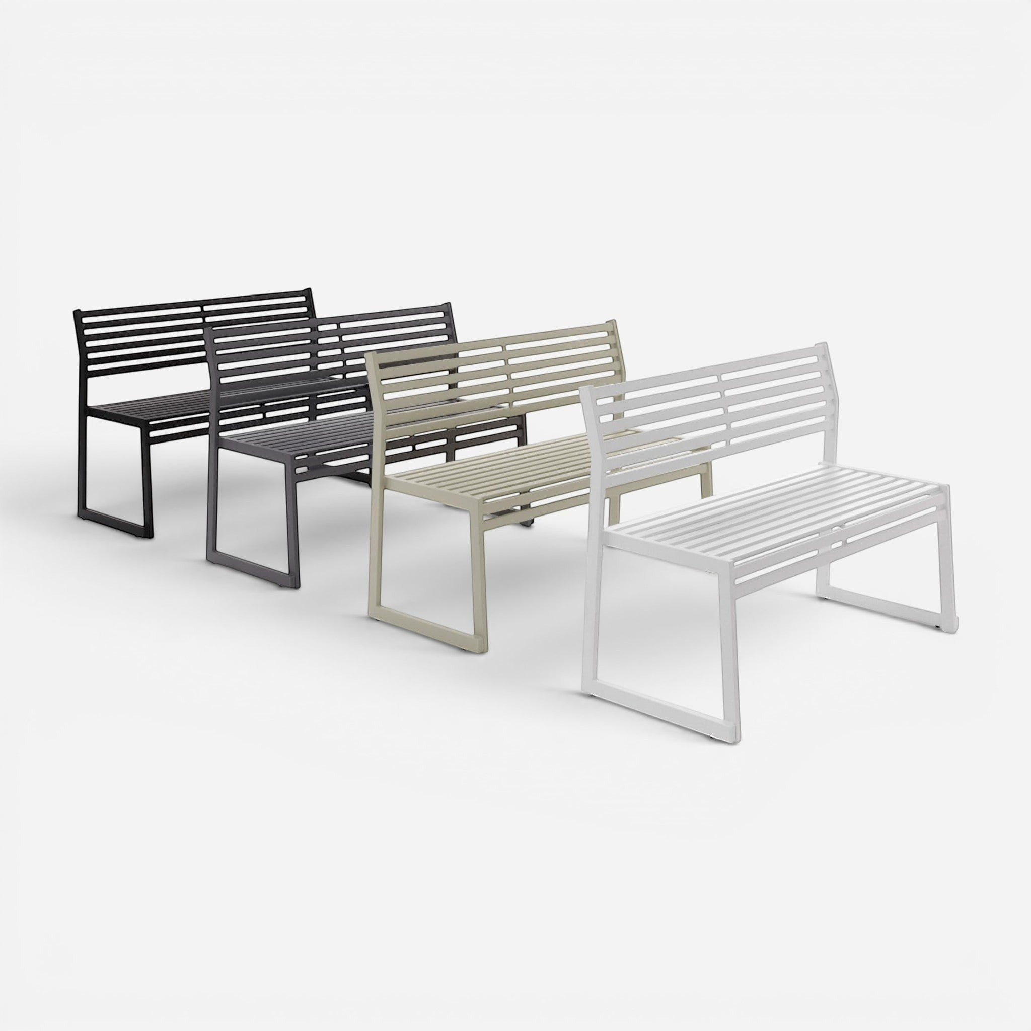 Addo Shop .026 BENCH WITH BACKREST in black, grey, beige, and white powder-coated steel for outdoor use.