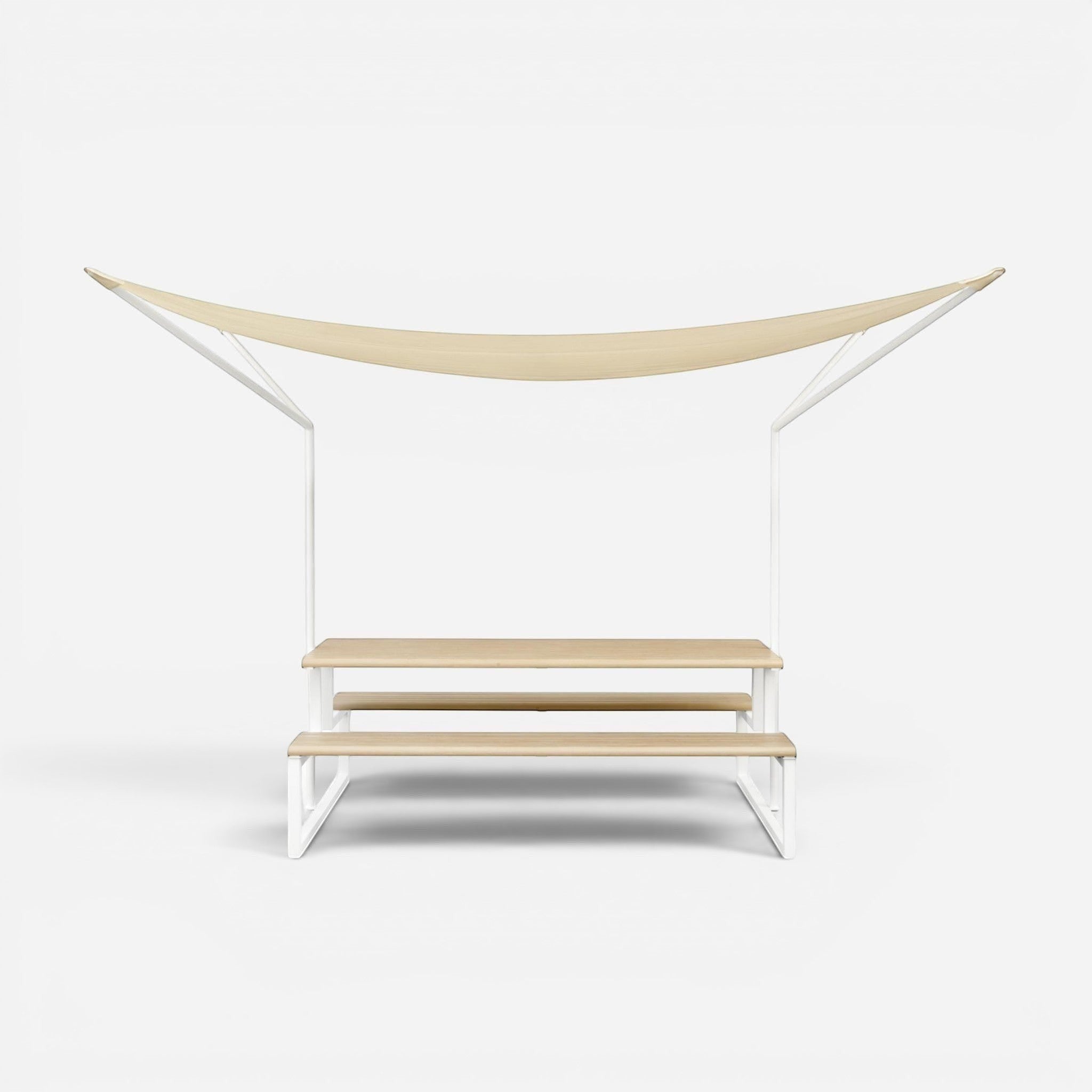Addo Shop outdoor picnic table with beige sun shade, white steel frame, and light wood benches and tabletop.