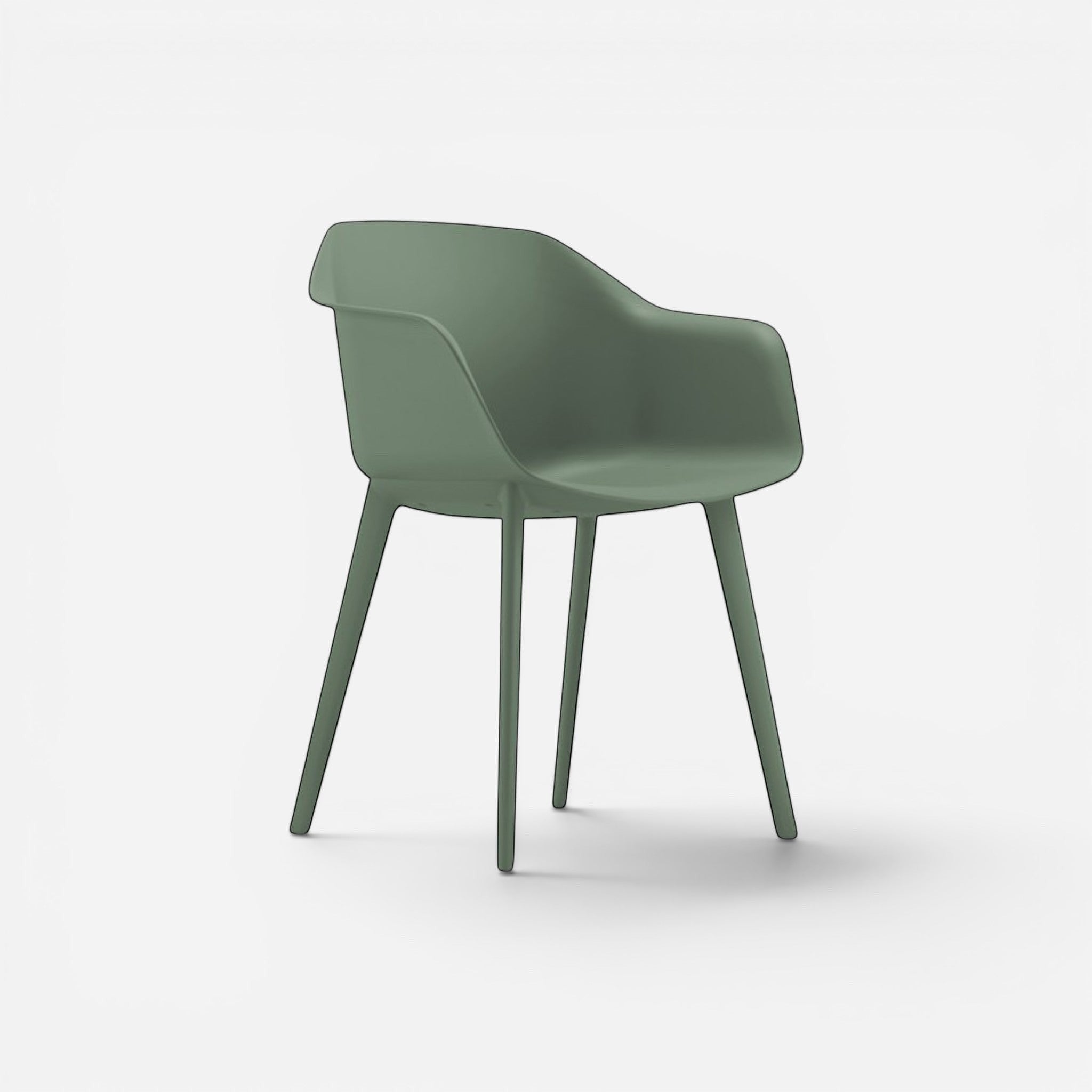 Addo Shop Payal modern armchair in sage green plastic with four tapered legs and a curved backrest.