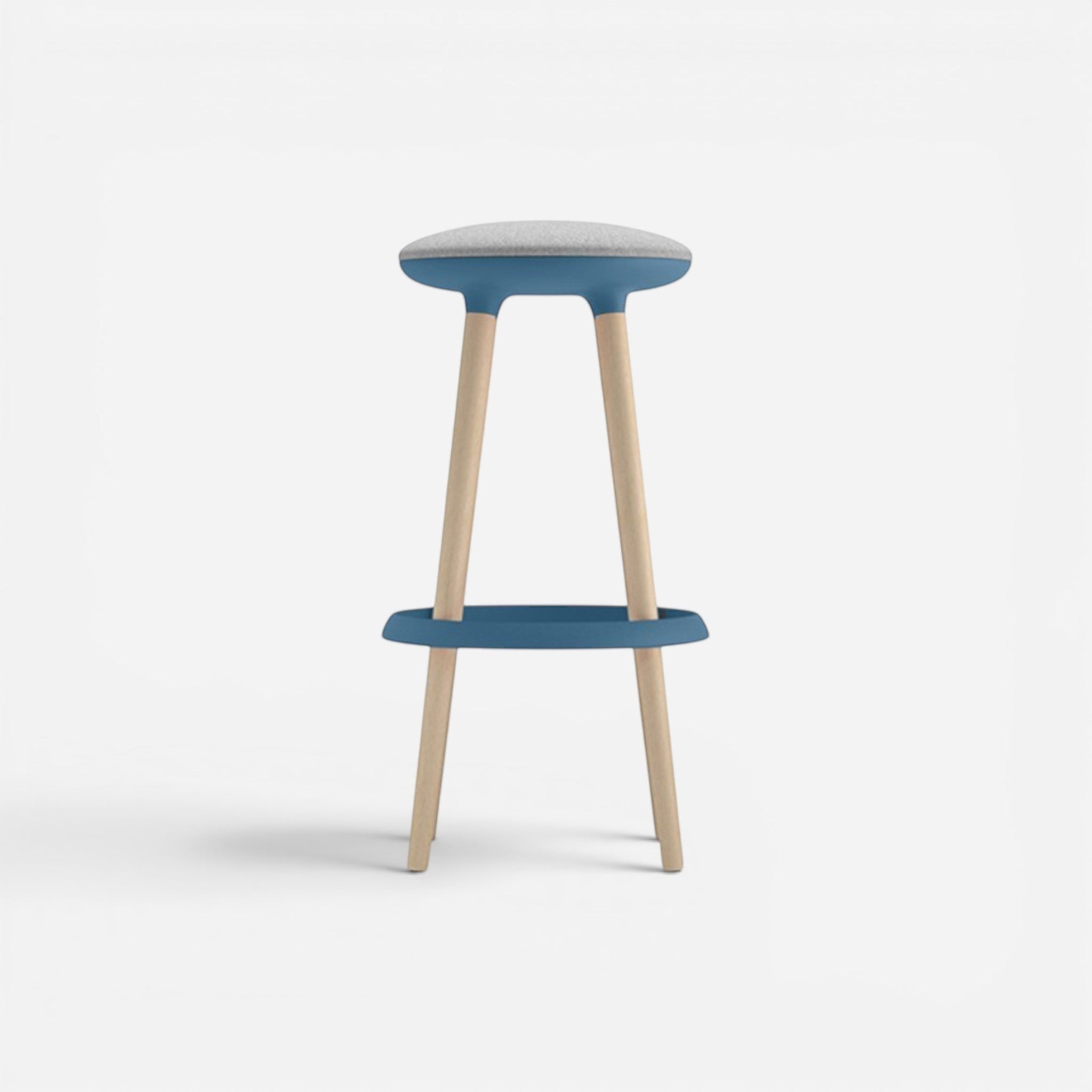Addo Shop Pin bar stool with grey fabric seat, blue frame, and natural wood legs.