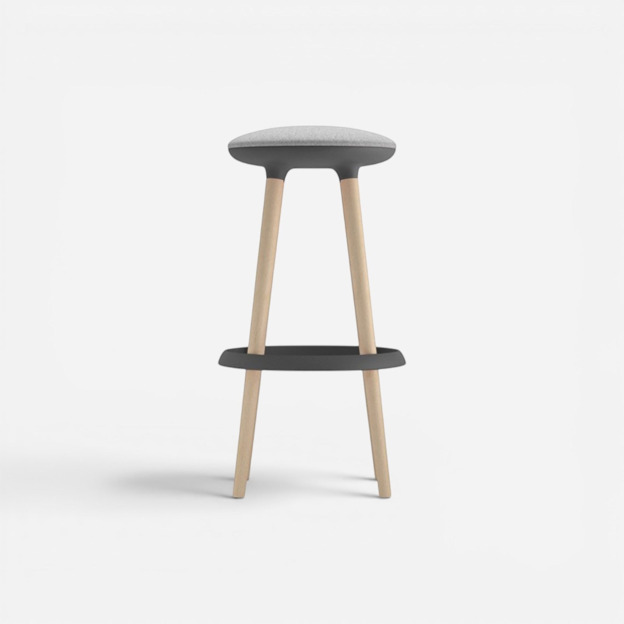 Addo Shop Pin high stool with grey fabric seat, dark grey base, and natural wood legs.