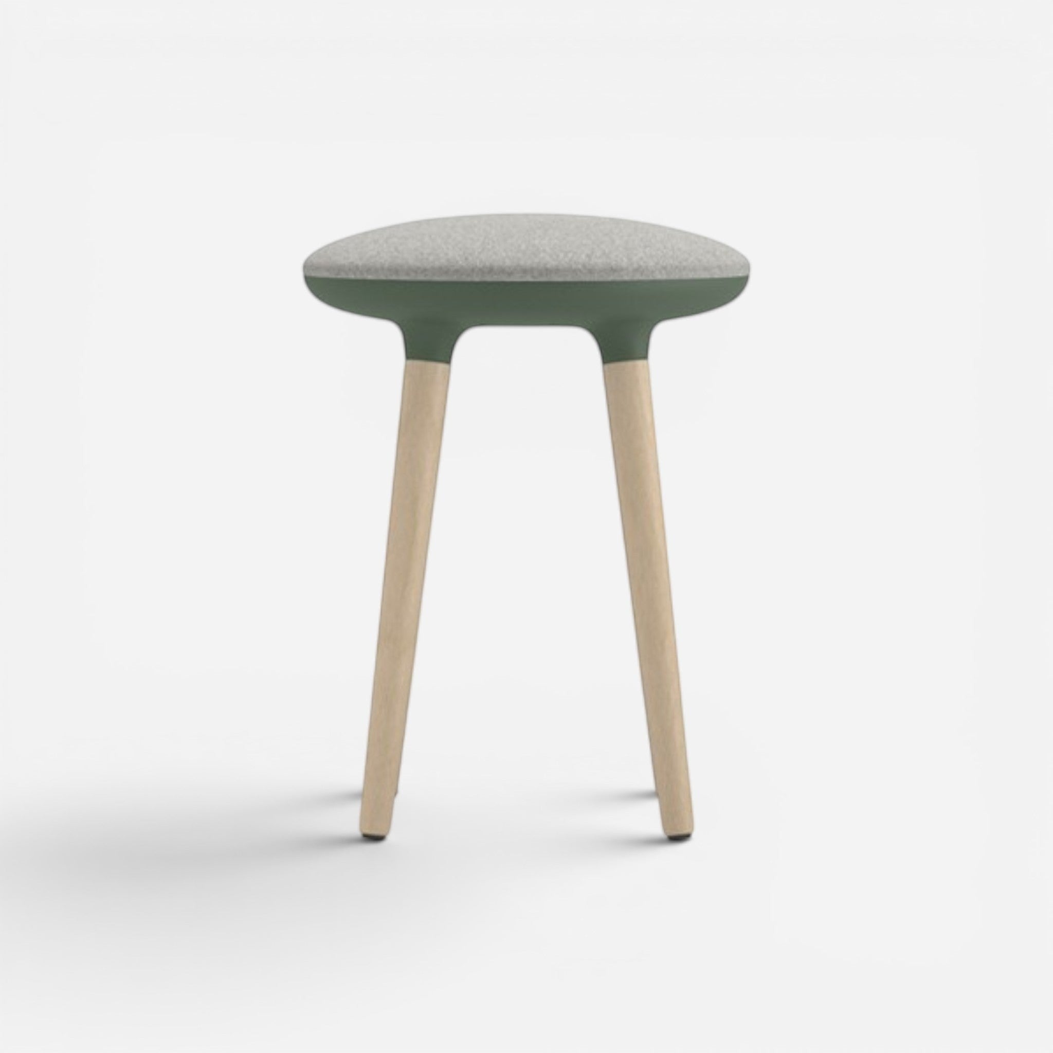 Addo Shop Pin high stool with light wood legs and grey fabric seat with green base