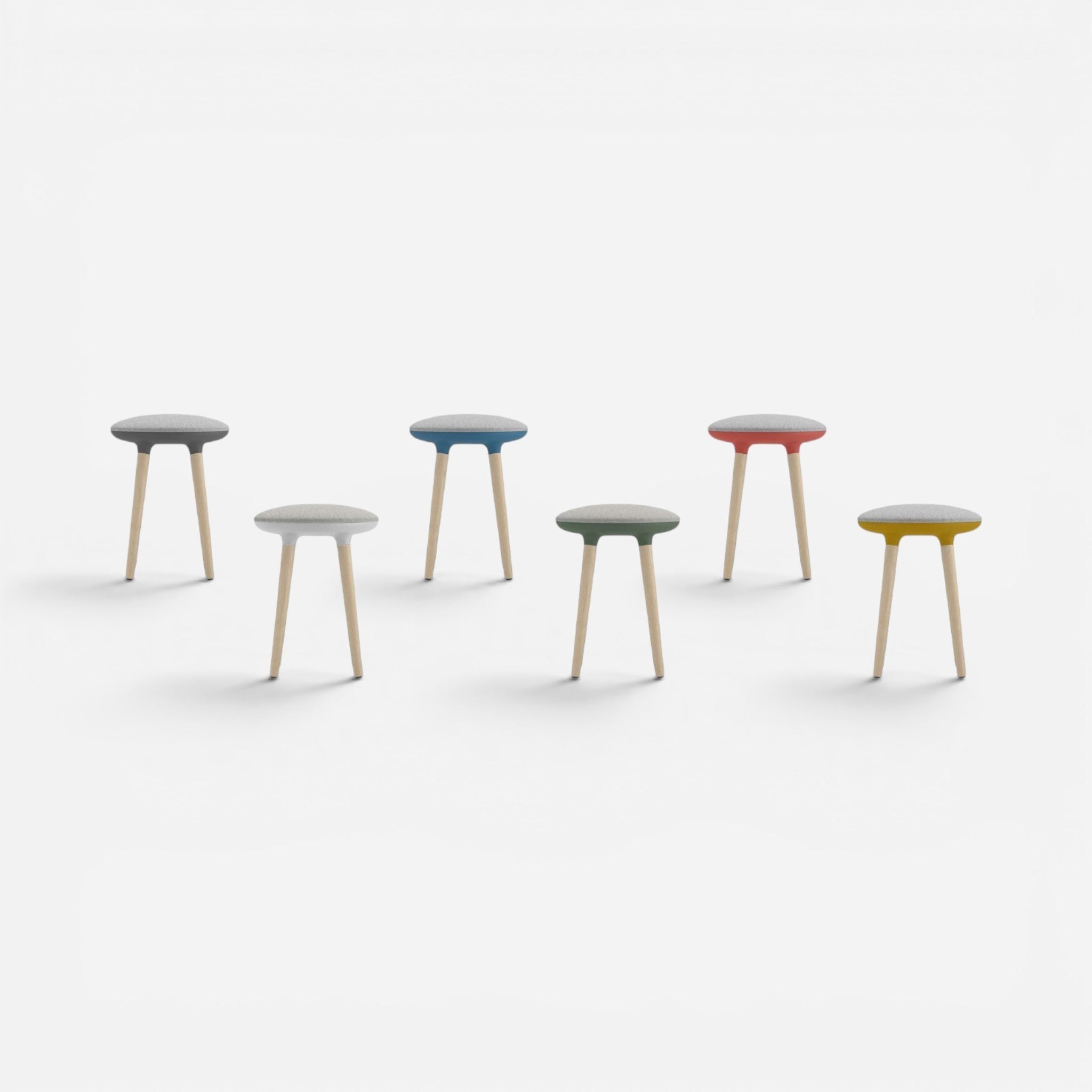 Addo Shop Pin high stool with grey fabric seat and wood legs, available in blue, red, green, and yellow.