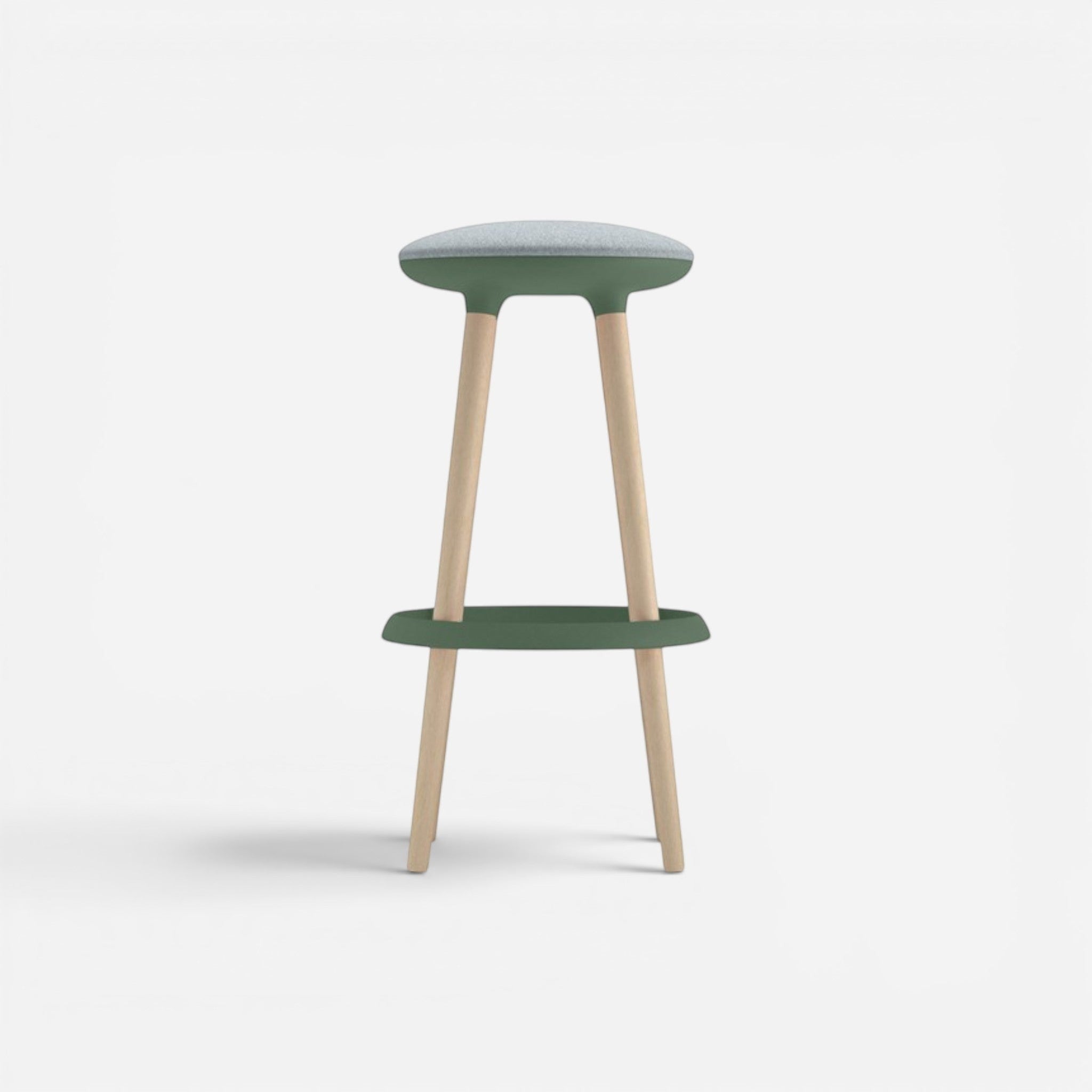Addo Shop Pin high stool with light wood legs, green seat support, and grey fabric cushion.