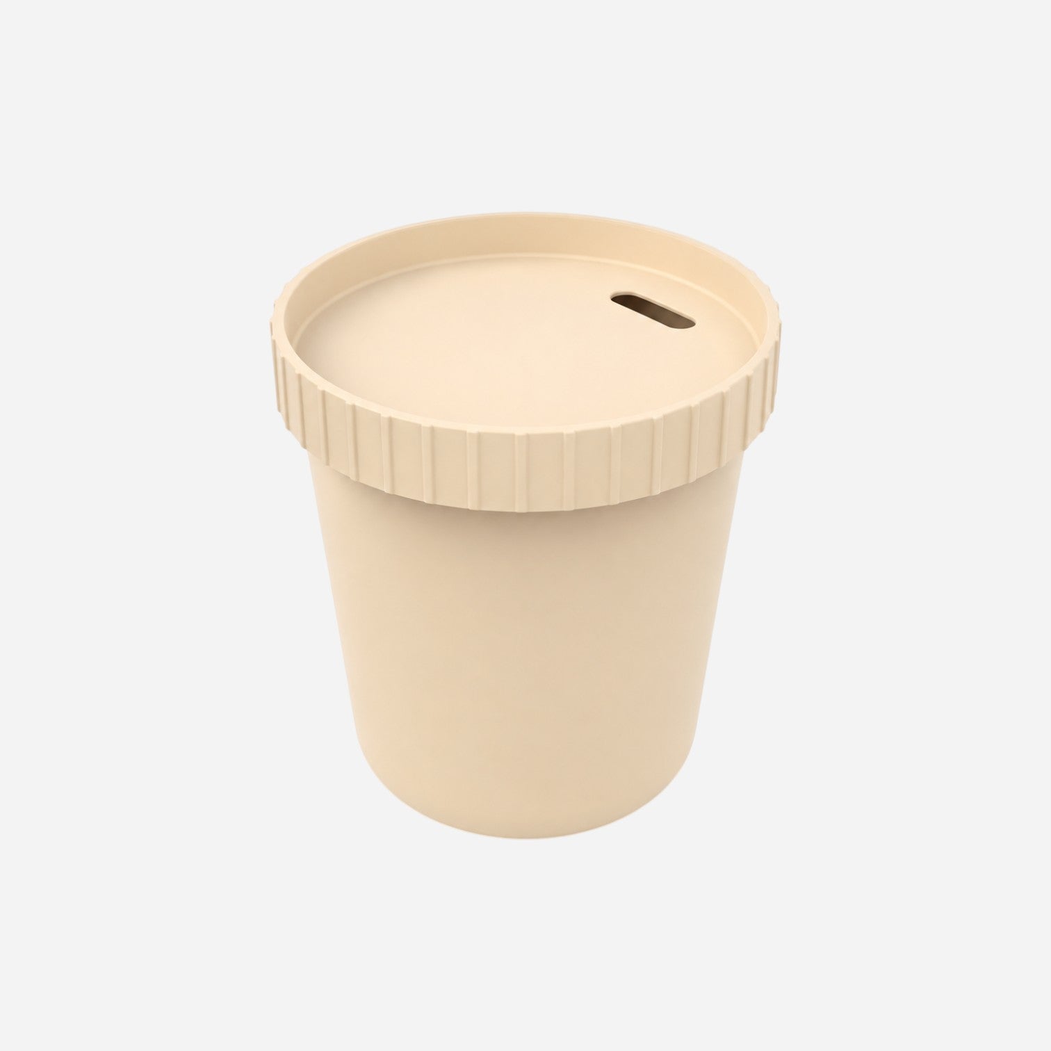 Addo Shop Raffles System Side Table in beige, a cylindrical container with a ribbed lid and a slot for coins.