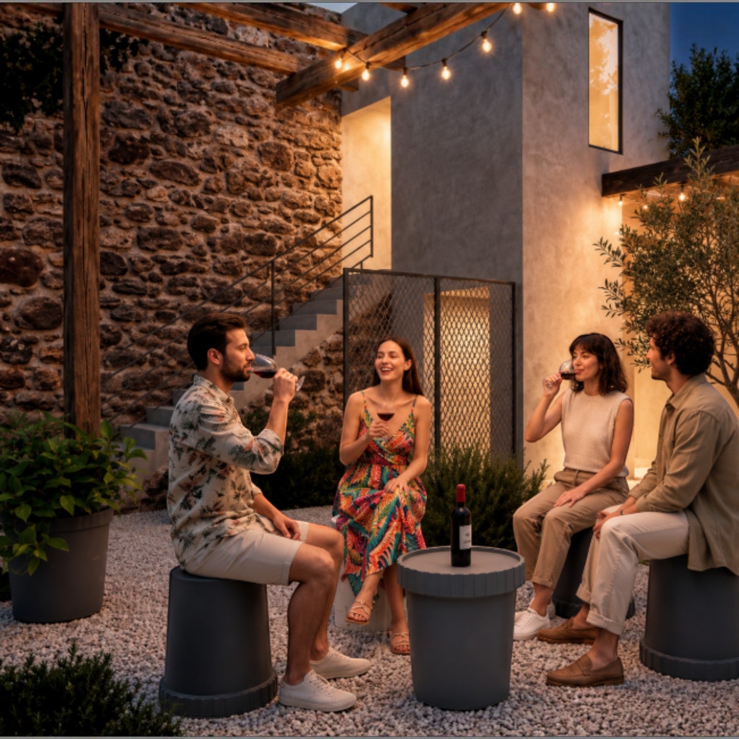Addo Shop Raffles System Side Table, a dark grey cylindrical outdoor table with a textured top, placed on a gravel patio.