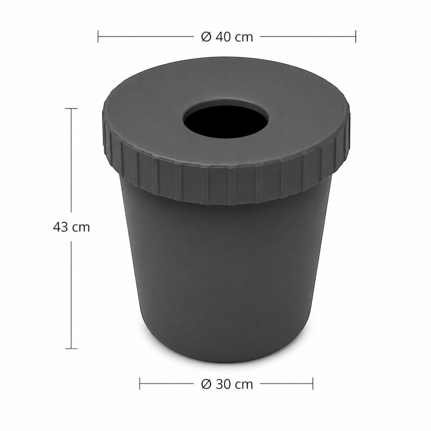 Addo Shop dark grey plastic Raffles System waste bin with a grid top and circular opening. Dimensions 43cm height, 40cm diameter.