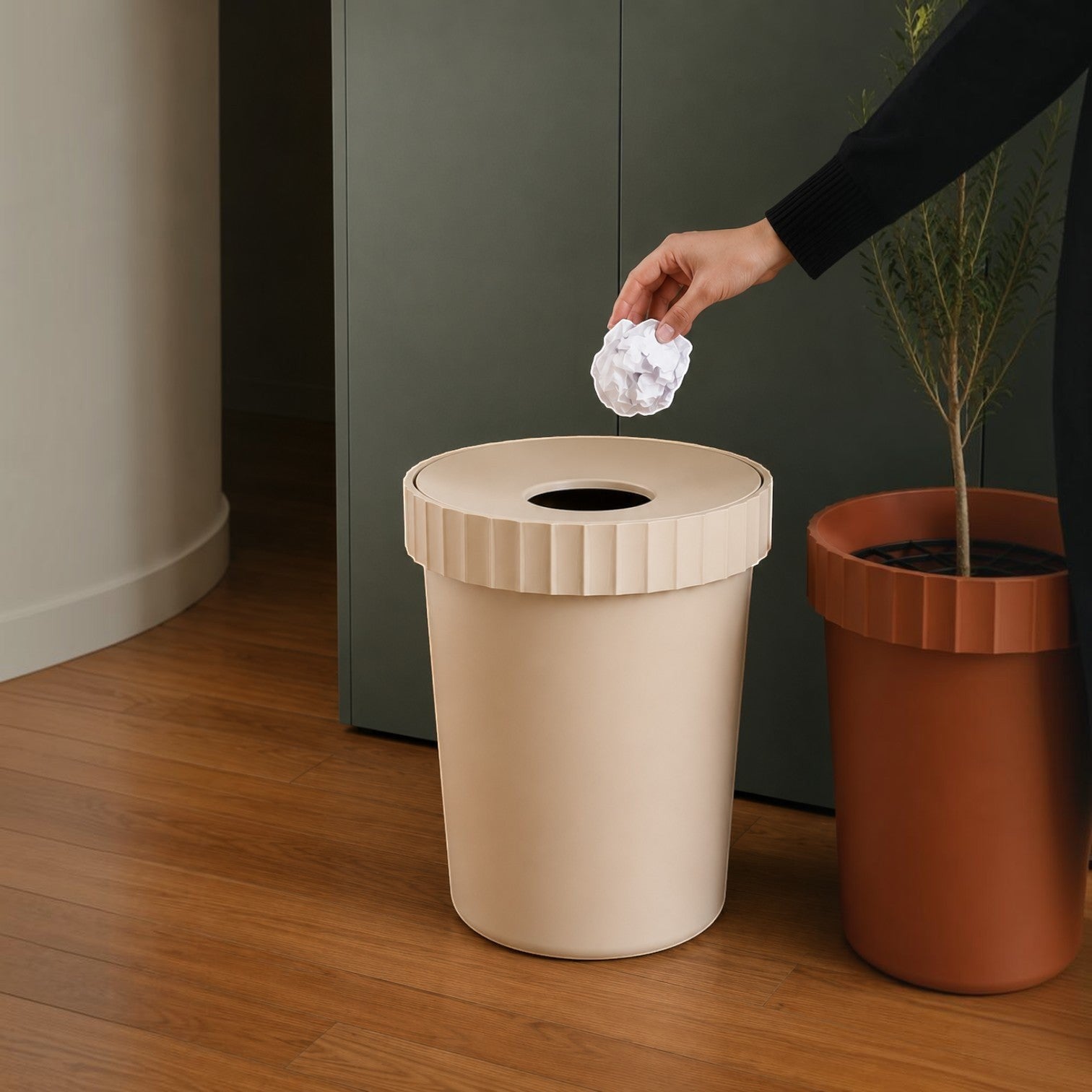 Addo Shop Raffles System Waste Bin with grid-textured lid, beige plastic, 12" H x 10" W