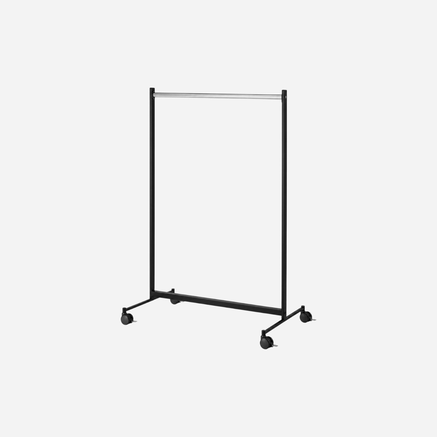 Addo Shop Rapid black metal coat stand with silver hanging rail and wheels, ideal for offices.