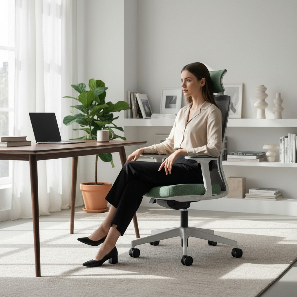 Addo Shop Raymond ergonomic office chair with green seat and mesh back, adjustable armrests and lumbar support.