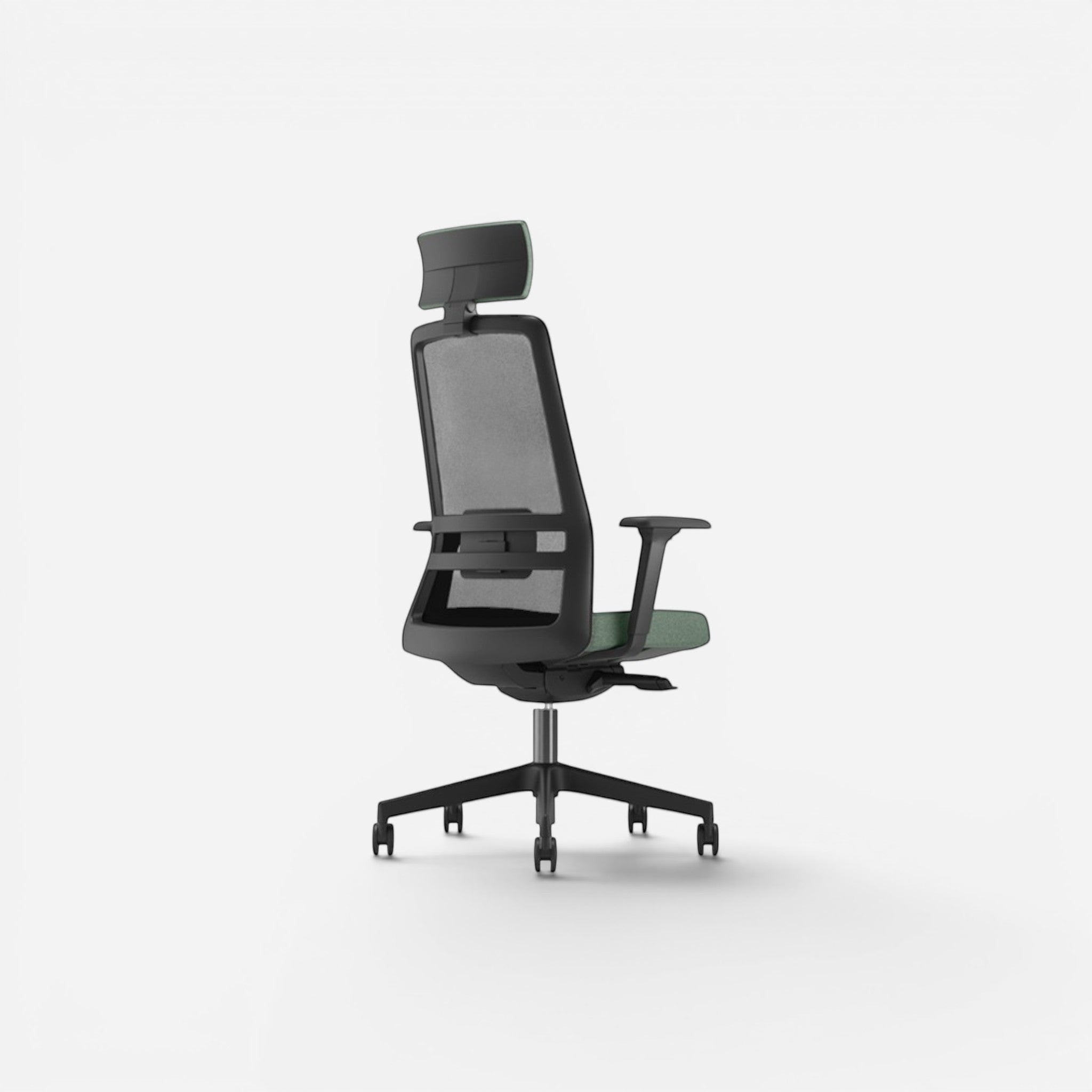 Addo Shop Raymond ergonomic office chair with black mesh back, green fabric seat, adjustable arms, and headrest.