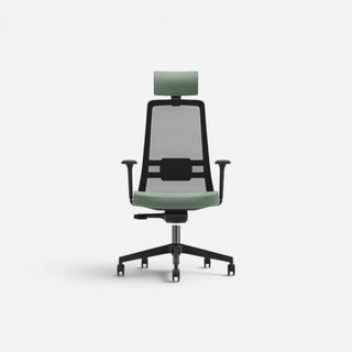 Addo Shop Raymond ergonomic office chair with green fabric seat and headrest, black mesh back and PP base.