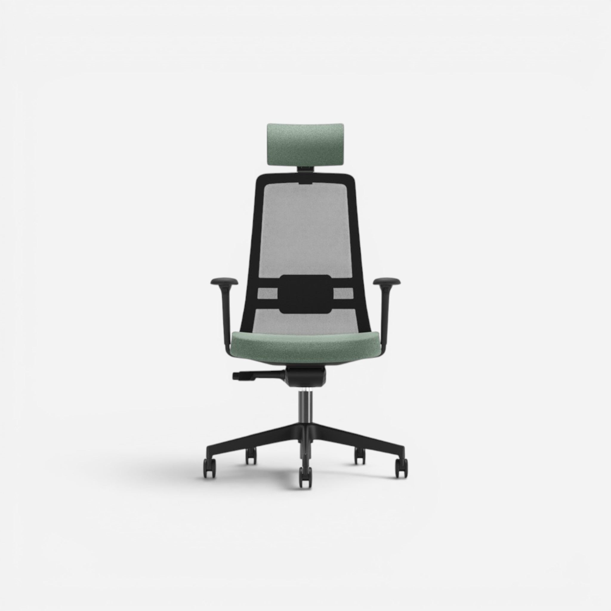 Addo Shop Raymond ergonomic office chair with green fabric seat and headrest, black mesh back and PP base.