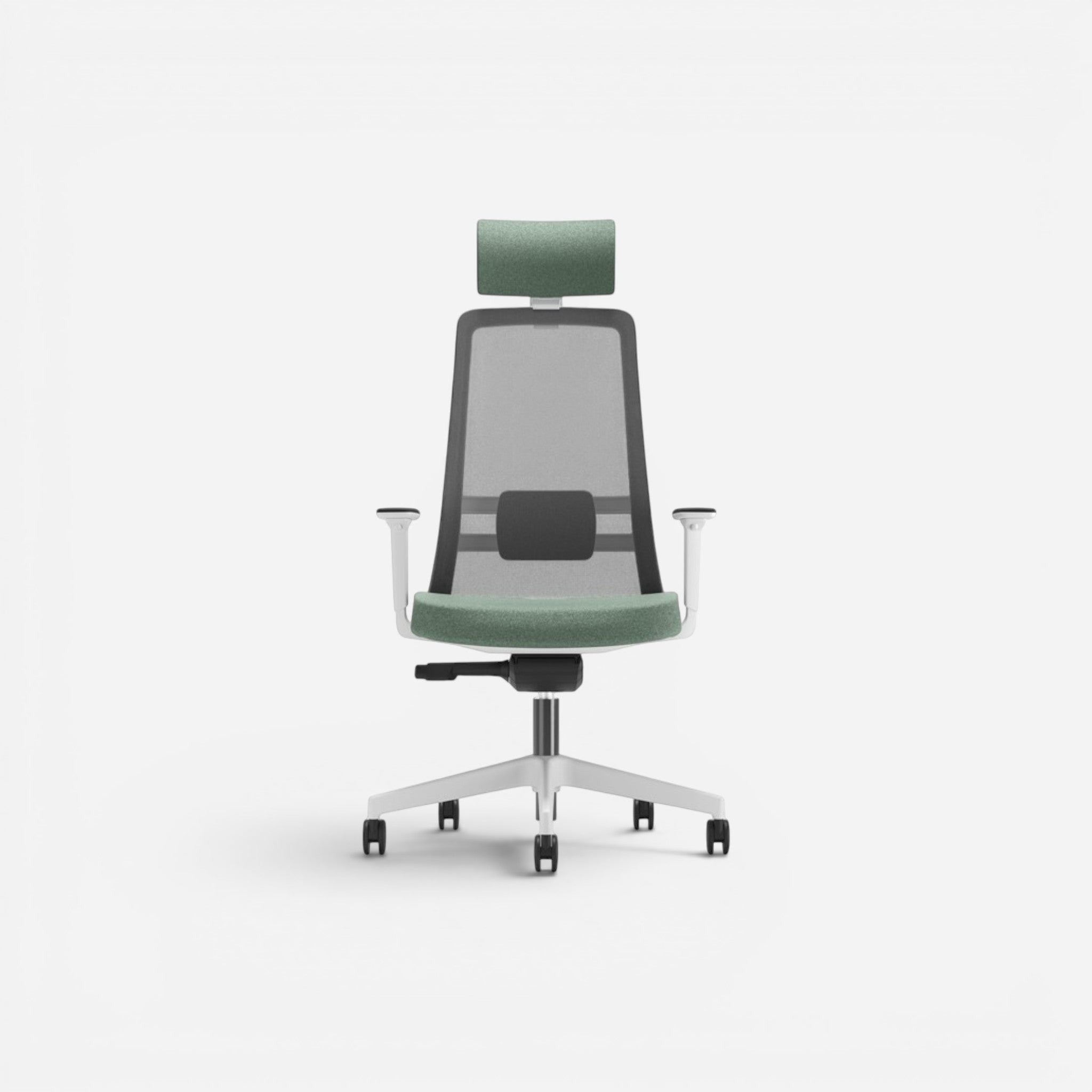 Addo Shop Raymond ergonomic office chair with green mesh back, green fabric seat, and adjustable lumbar support.