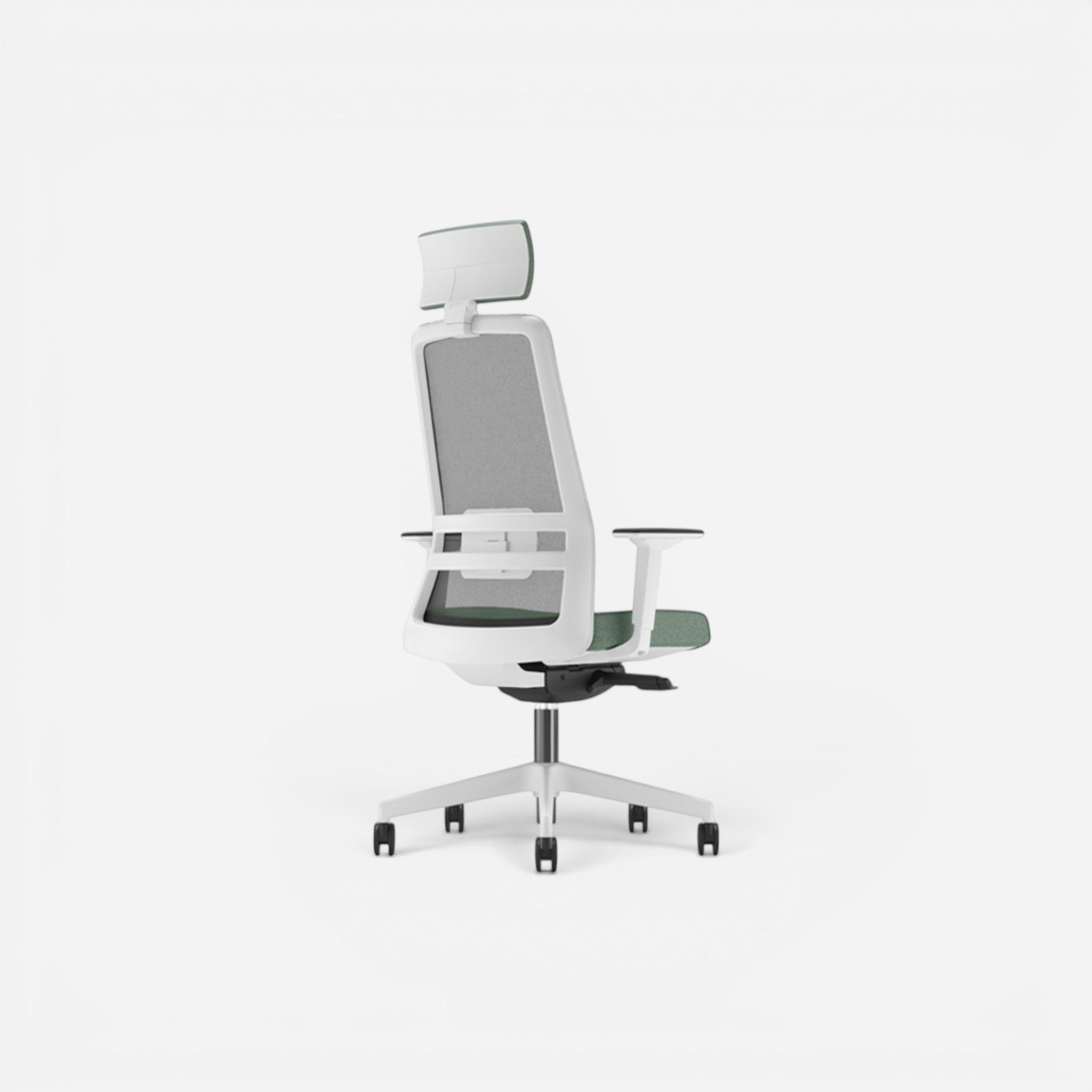 Addo Shop Raymond ergonomic office chair with white frame, grey mesh back, and green fabric seat. Features adjustable armrests and headrest.