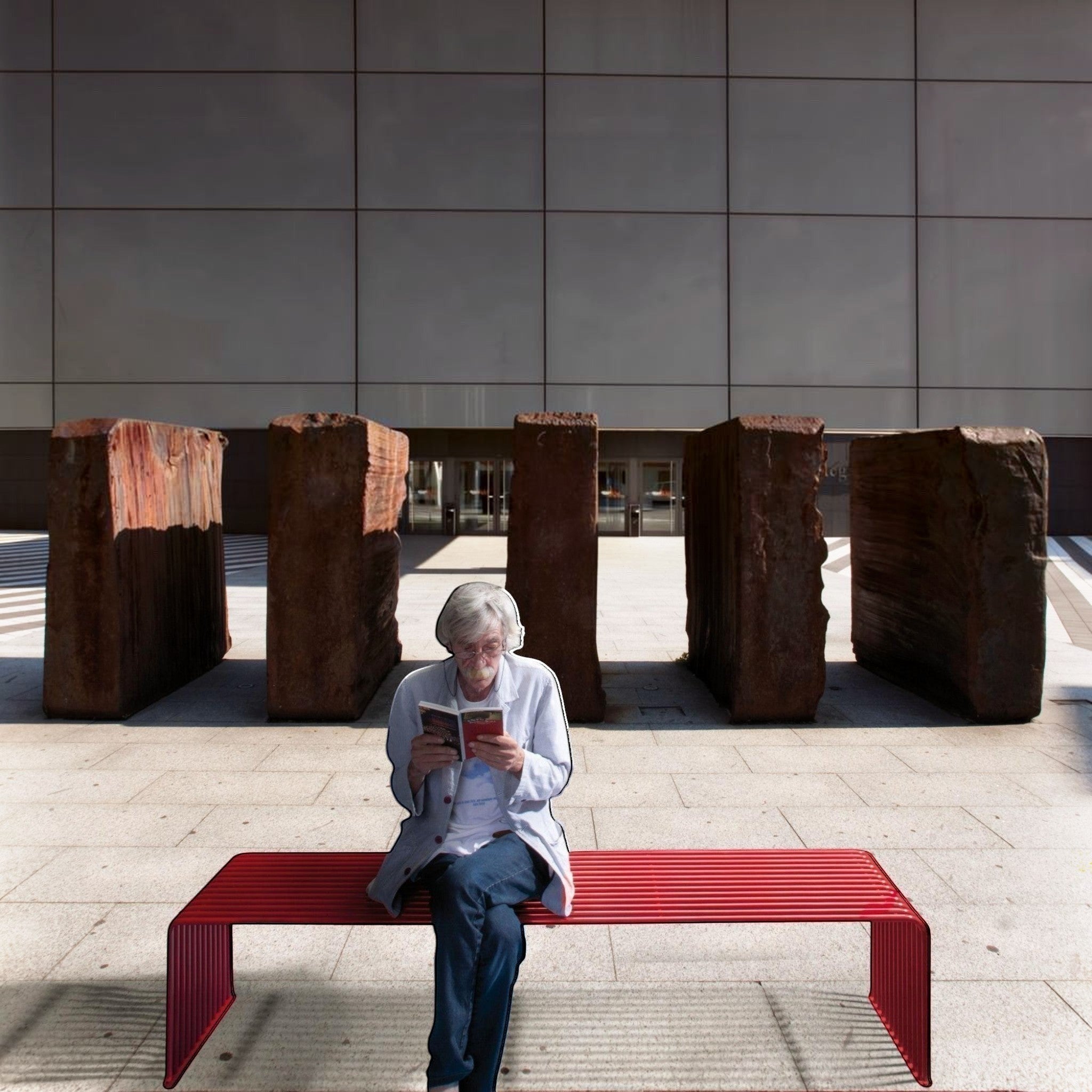Addo Shop red metal slatted outdoor bench with modern design, suitable for public or residential use.