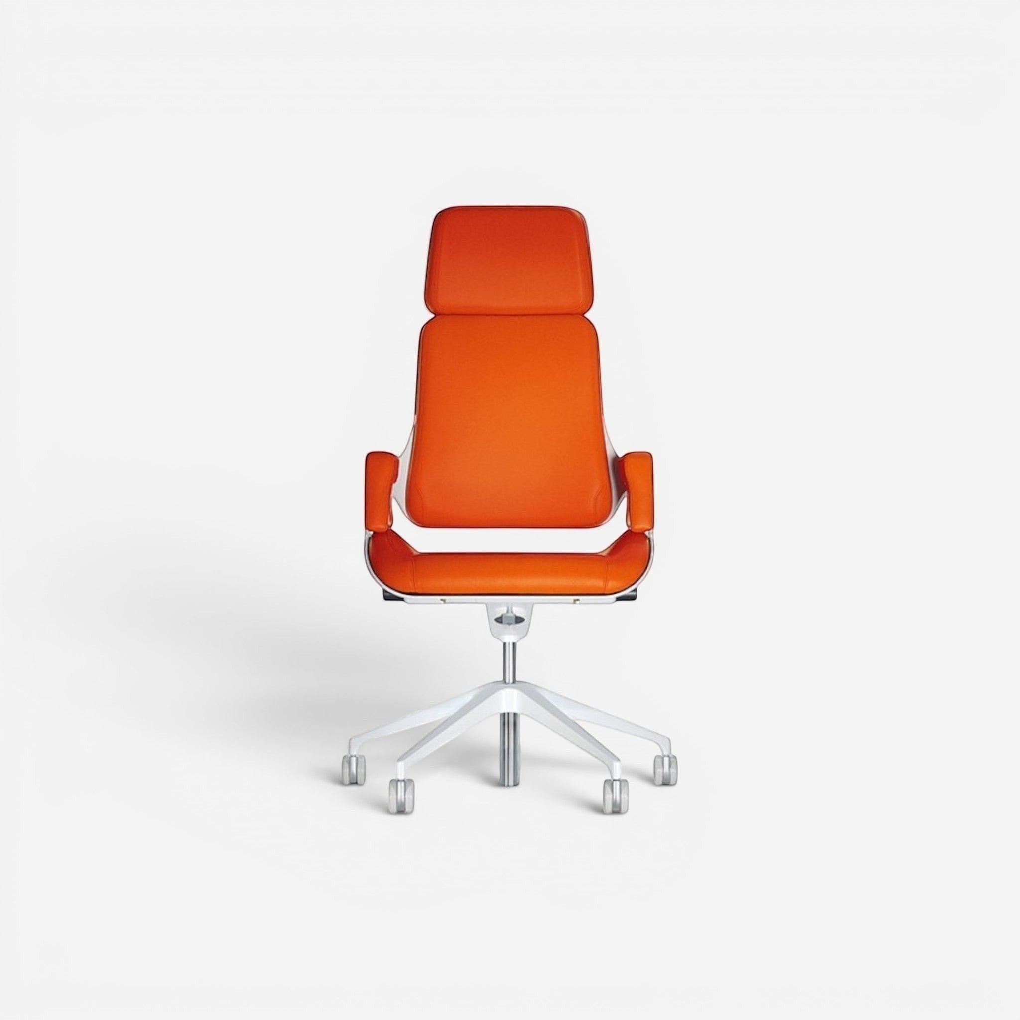 Addo Shop Silver executive office chair in bright orange genuine leather with aluminum base and arms.