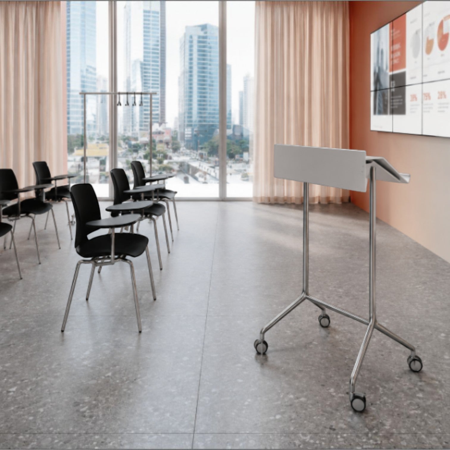 Addo Shop Speech lectern with polished aluminium and chrome-plated steel frame, ideal for conference rooms.