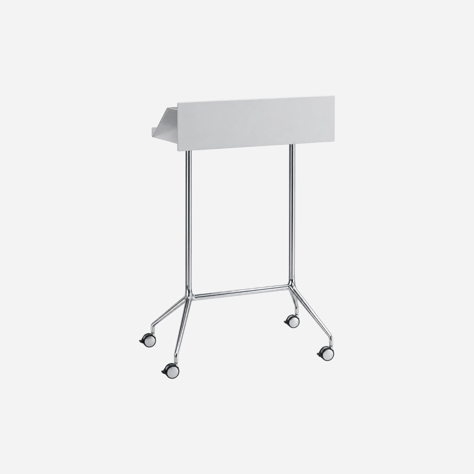 Addo Shop Speech lectern with white top, polished aluminium and chrome-plated steel frame, on wheels.