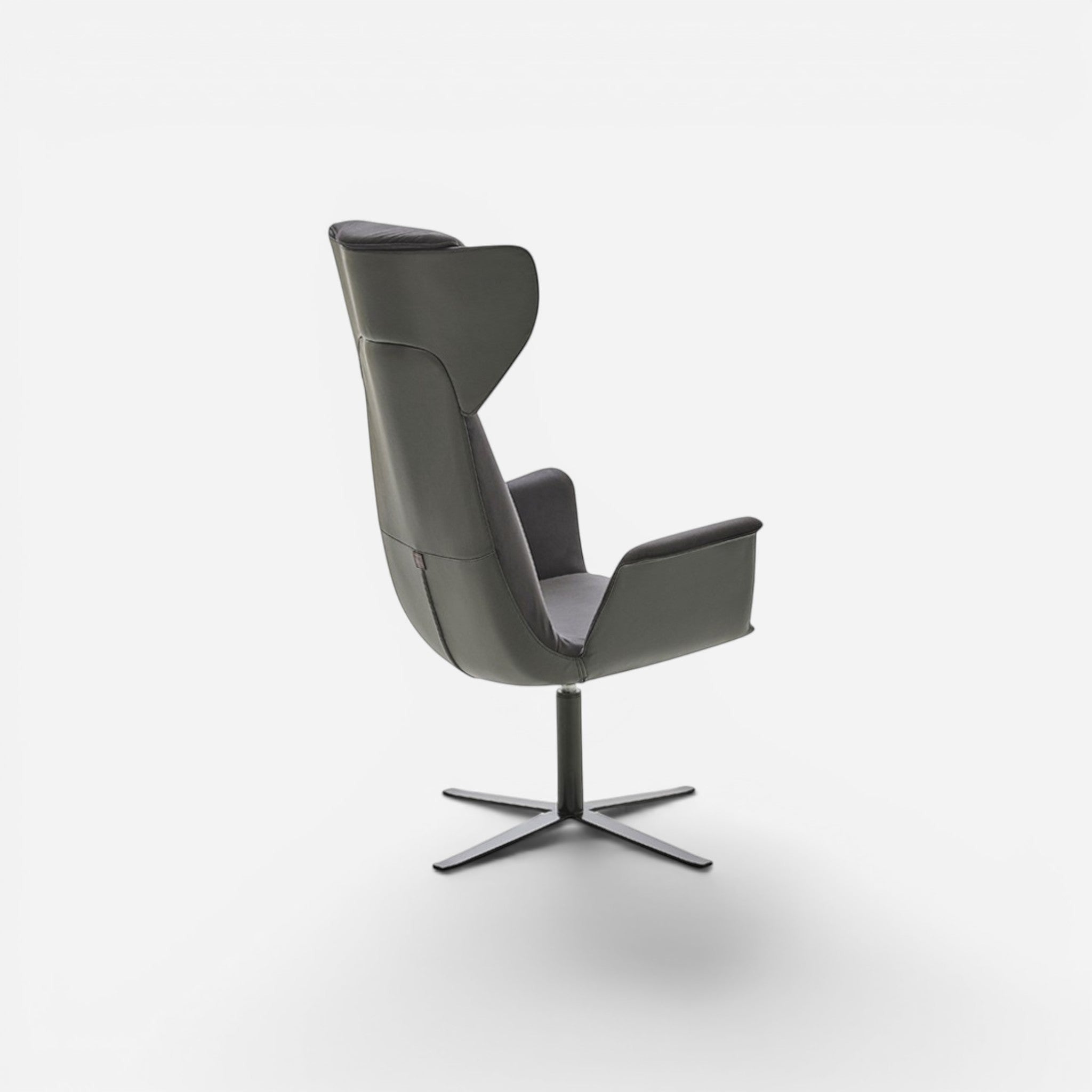 Addo Shop Spina 01 lounge chair in dark grey faux leather with a swivel base and chrome metal legs.