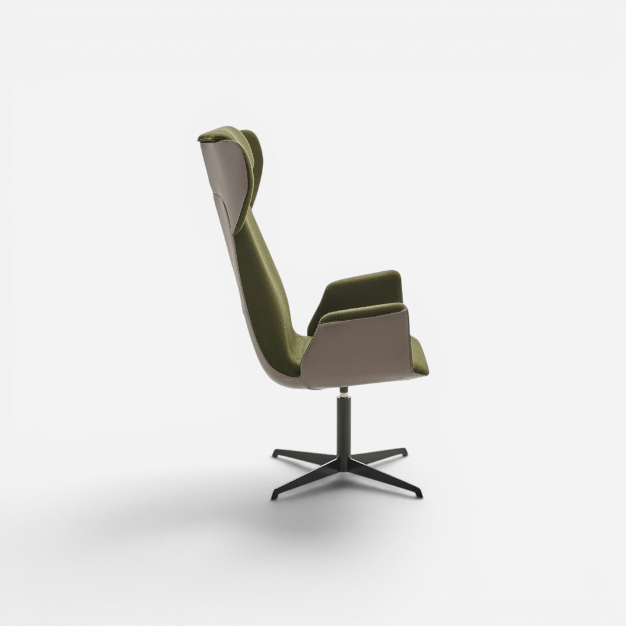 Addo Shop Spina 01 lounge chair in green fabric and taupe faux leather with a swivel base.