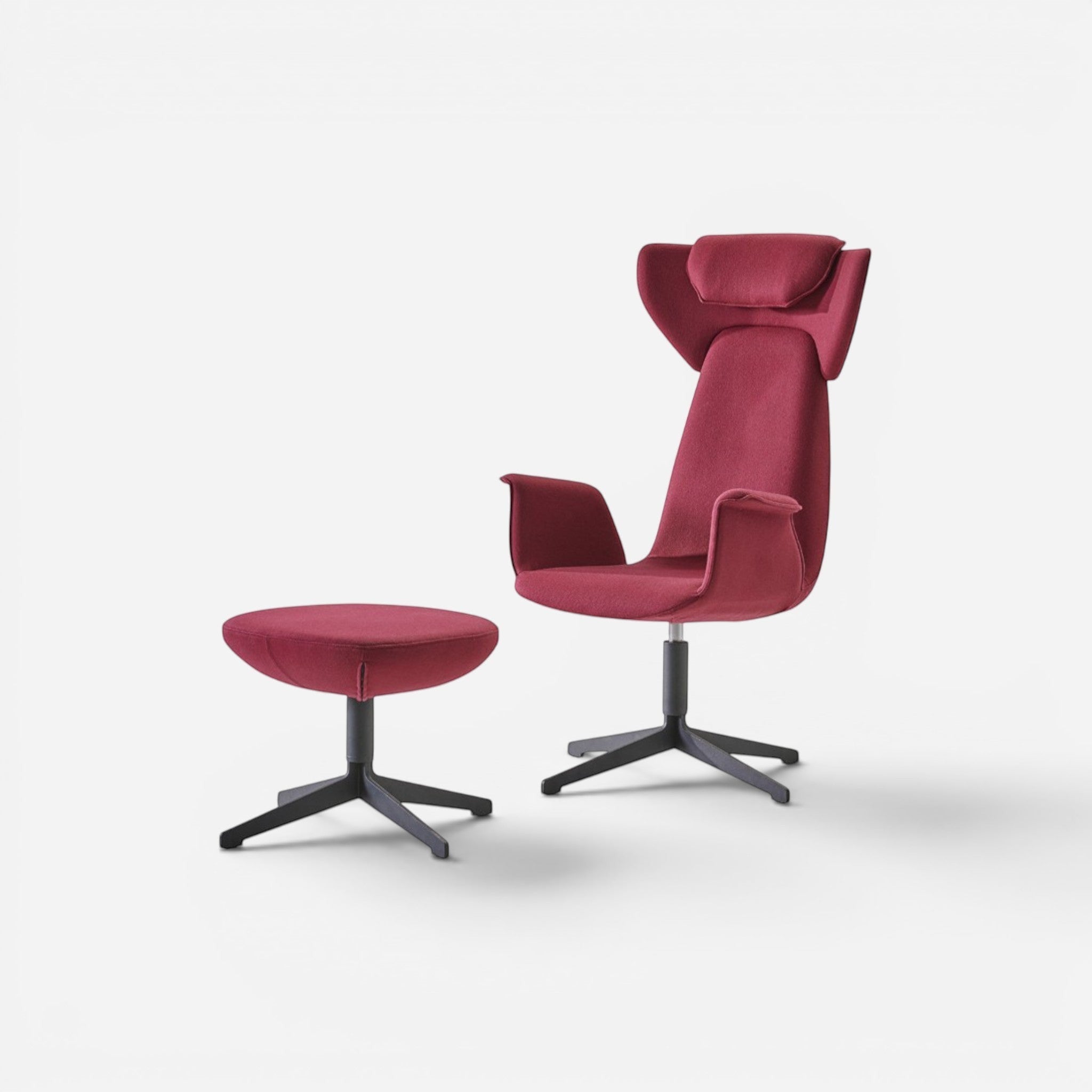Addo Shop Spina 01 lounge chair and ottoman in deep red fabric with chrome swivel base and headrest.