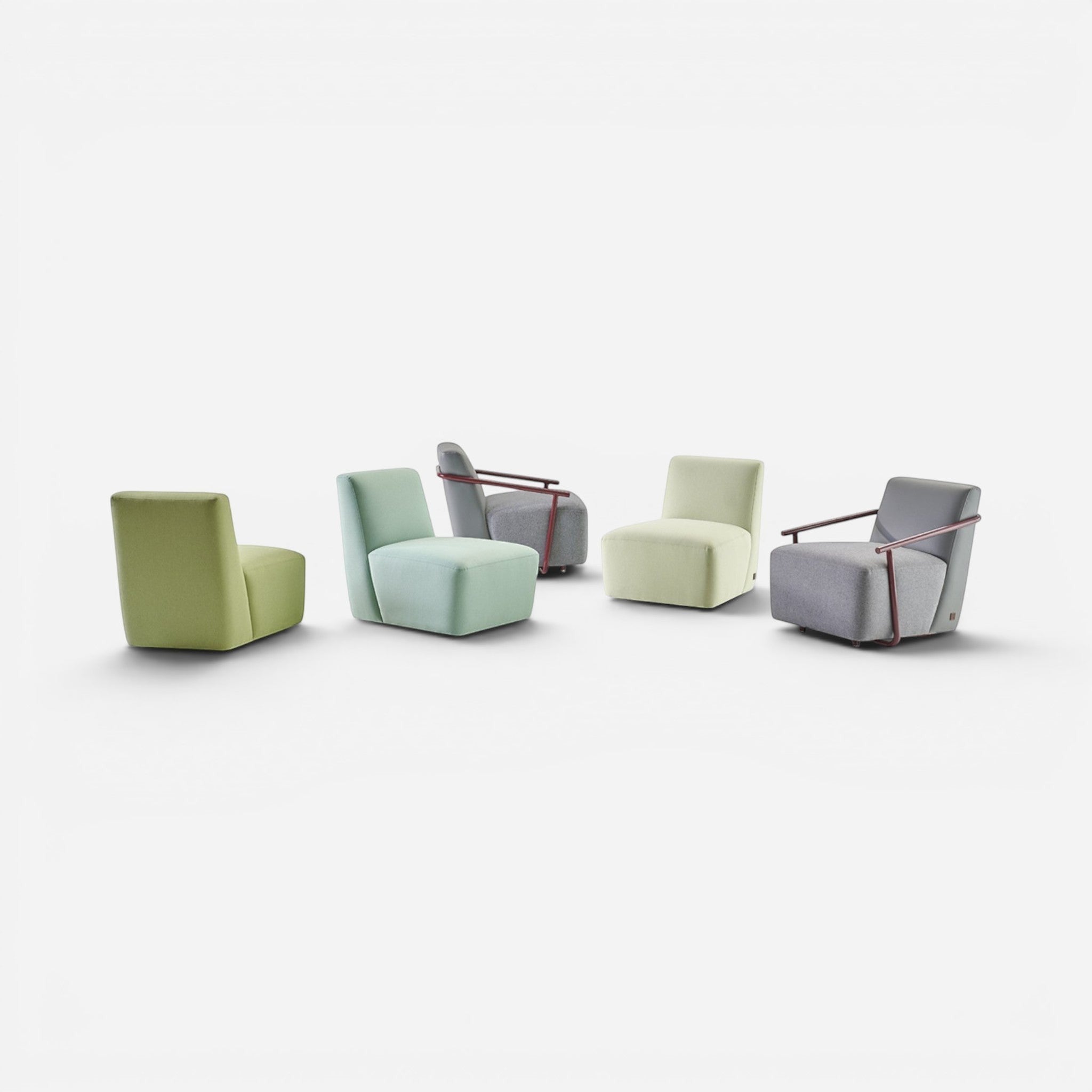Addo Shop Talos modern armchair in light green fabric with metal frame and faux leather accents.