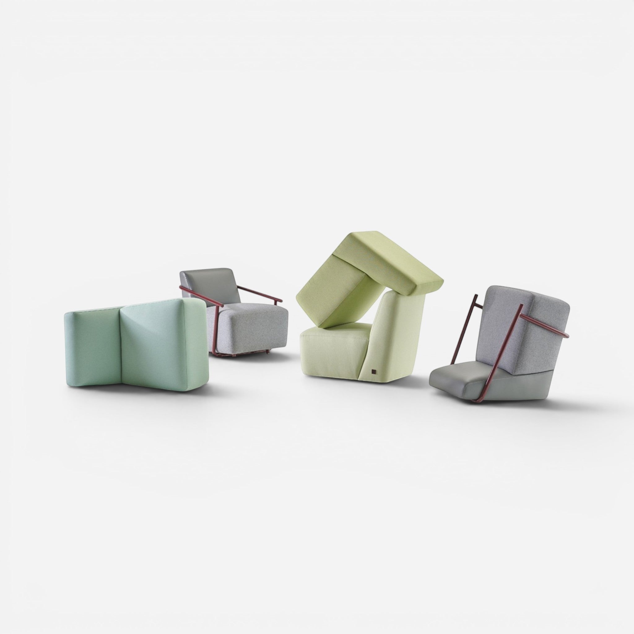 Addo Shop Talos modular seating in light green and grey fabric with metal frame. Modern lounge chairs.