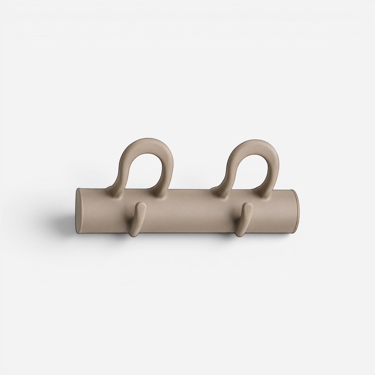 Addo Shop taupe wall mounted coat hooks with four curved hangers for coats, hats, and bags.