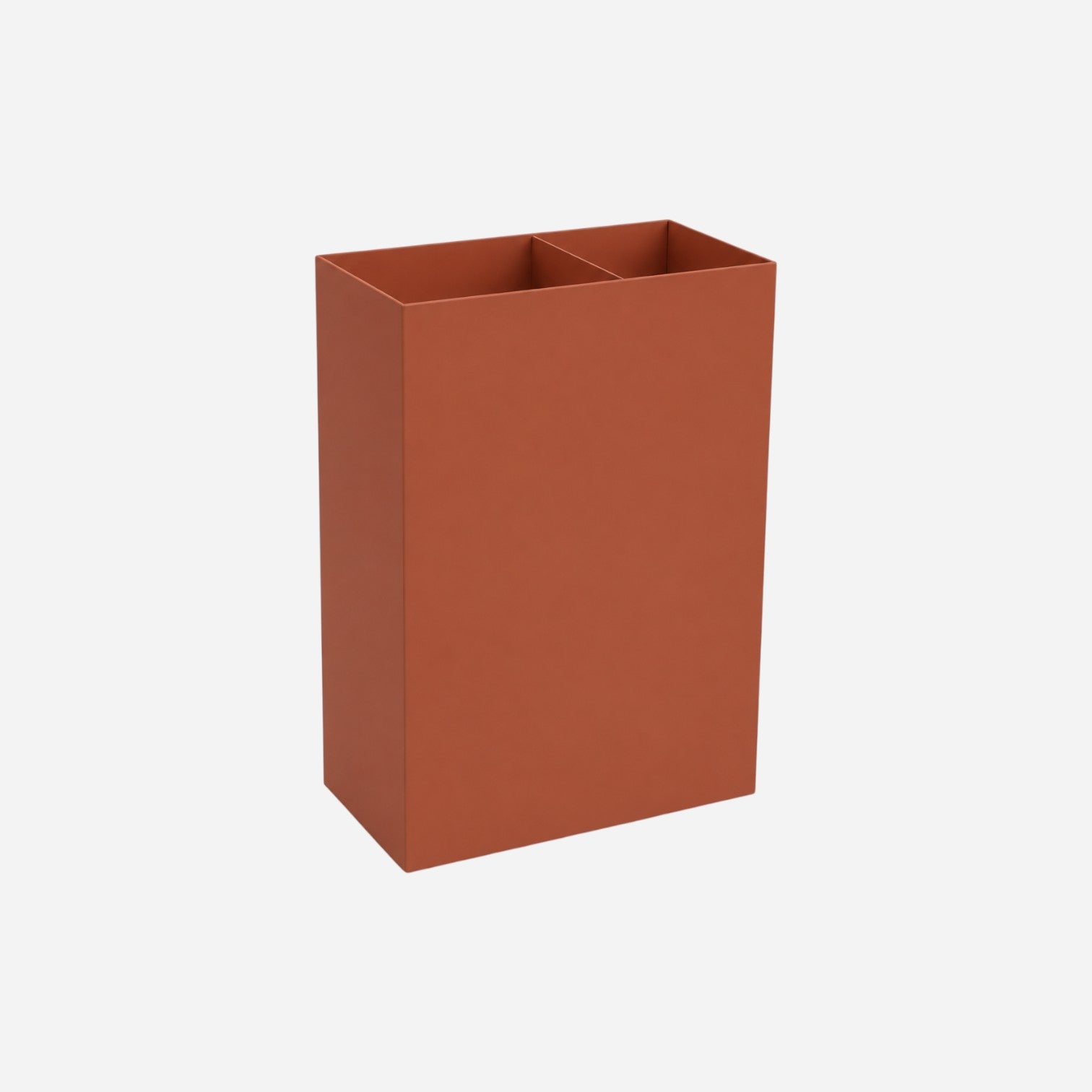 Addo Shop terracotta metal umbrella stand with divided compartments and integrated waste bin.