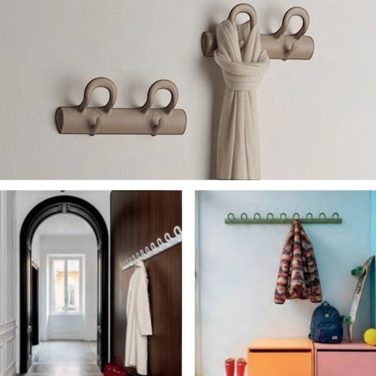 Addo Shop wall-mounted coat rack with multiple curved hooks in taupe, white, and green, holding coats and scarves.