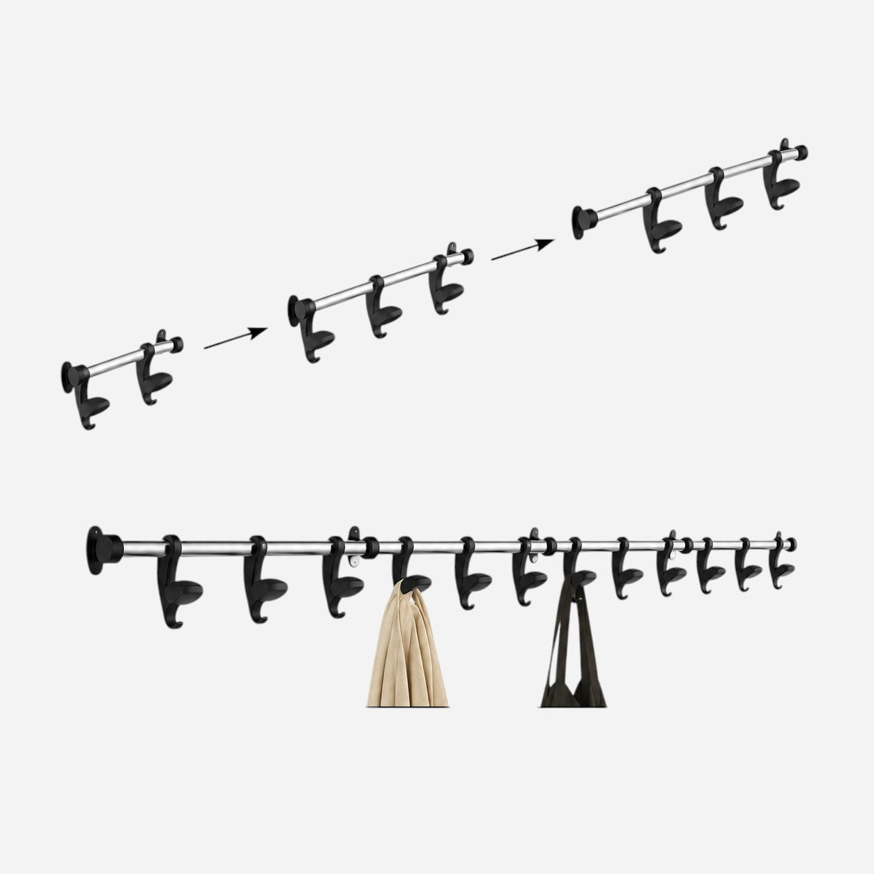 Addo Shop wall-mounted coat rack with silver metal bar and black hooks, displaying a beige coat and a black bag.